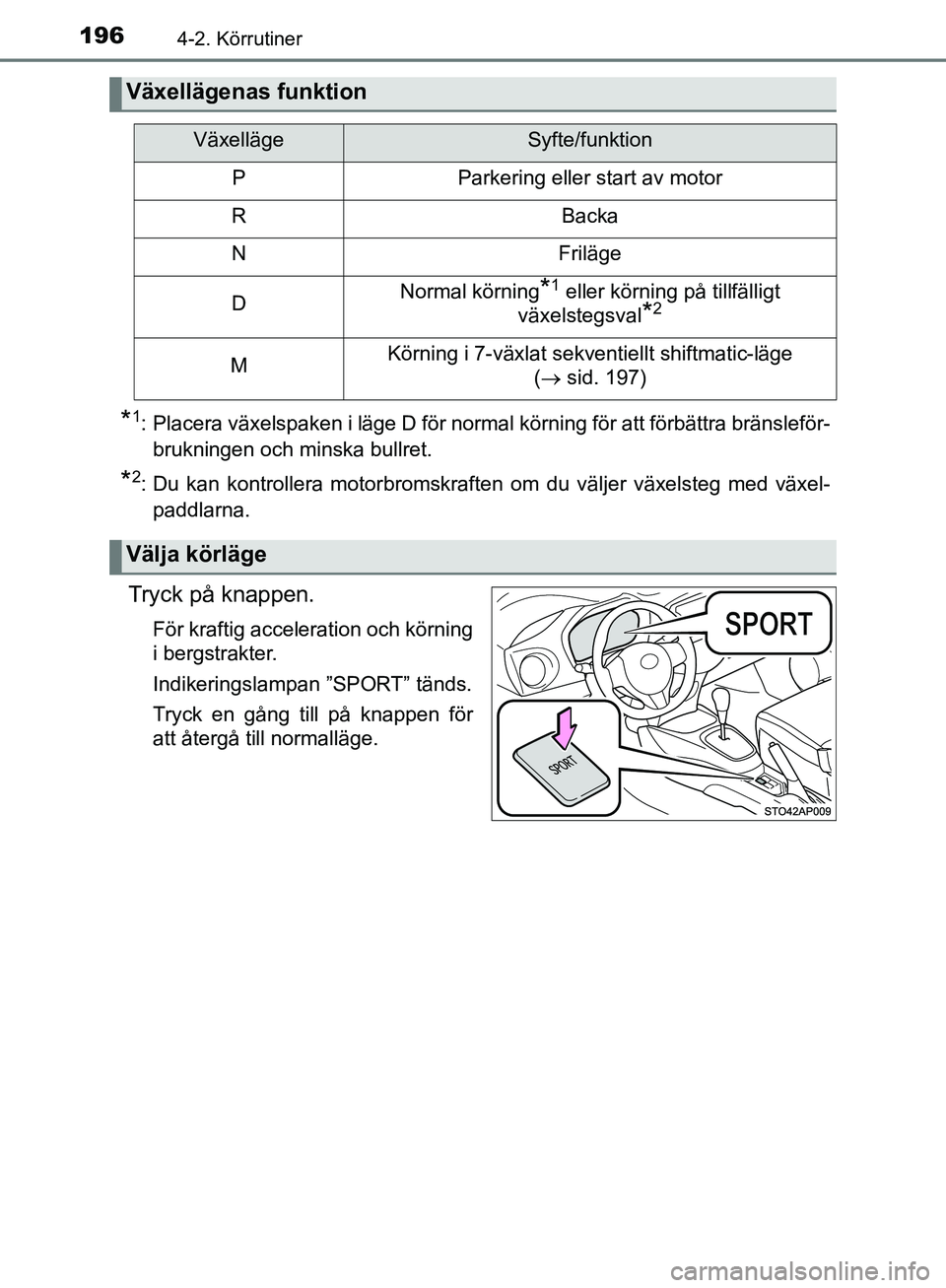 TOYOTA YARIS HATCHBACK 2019  Bruksanvisningar (in Swedish) 1964-2. Körrutiner
OM52A54SE
*1: Placera växelspaken i läge D för normal körning för att förbättra bränsleför-brukningen och minska bullret.
*2: Du kan kontrollera motorbromskraften om du v