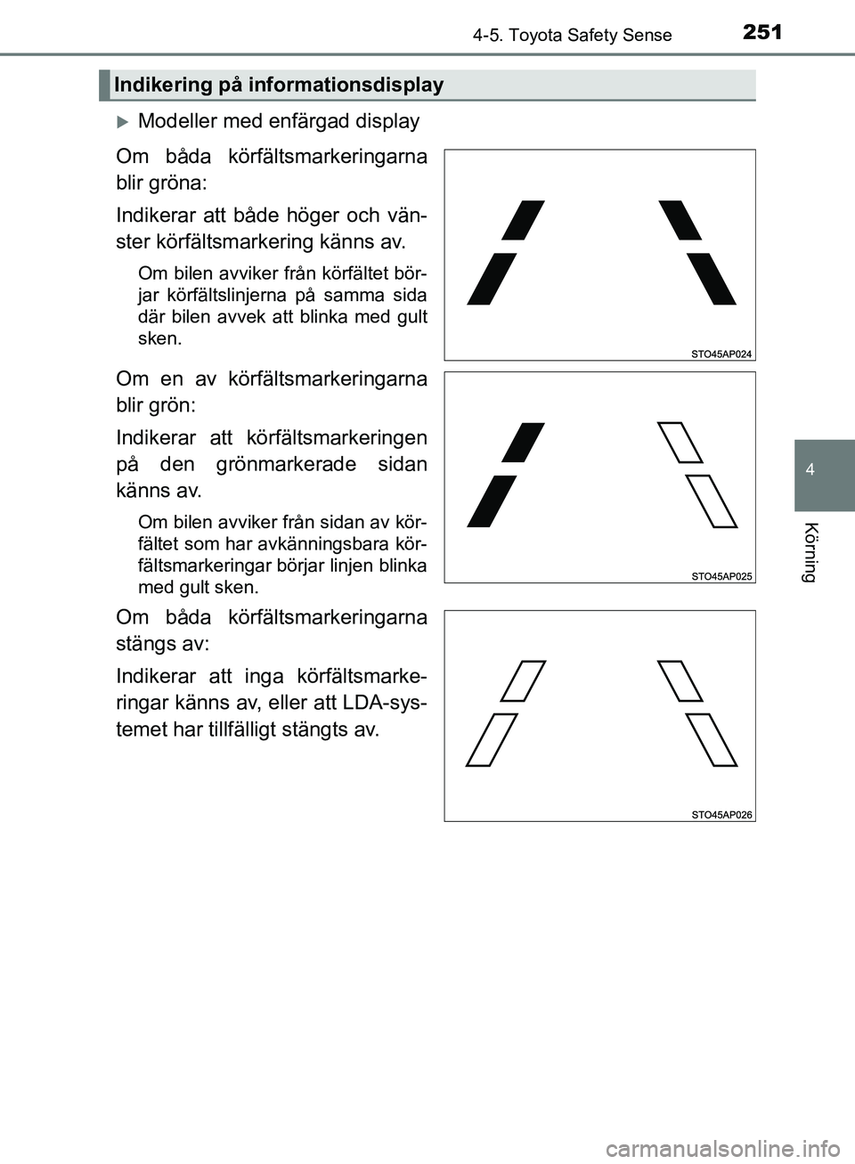TOYOTA YARIS HATCHBACK 2019  Bruksanvisningar (in Swedish) 2514-5. Toyota Safety Sense
4
Körning
OM52A54SE
Modeller med enfärgad display
Om båda körfältsmarkeringarna
blir gröna:
Indikerar att både höger och vän-
ster körfältsmarkering känns av