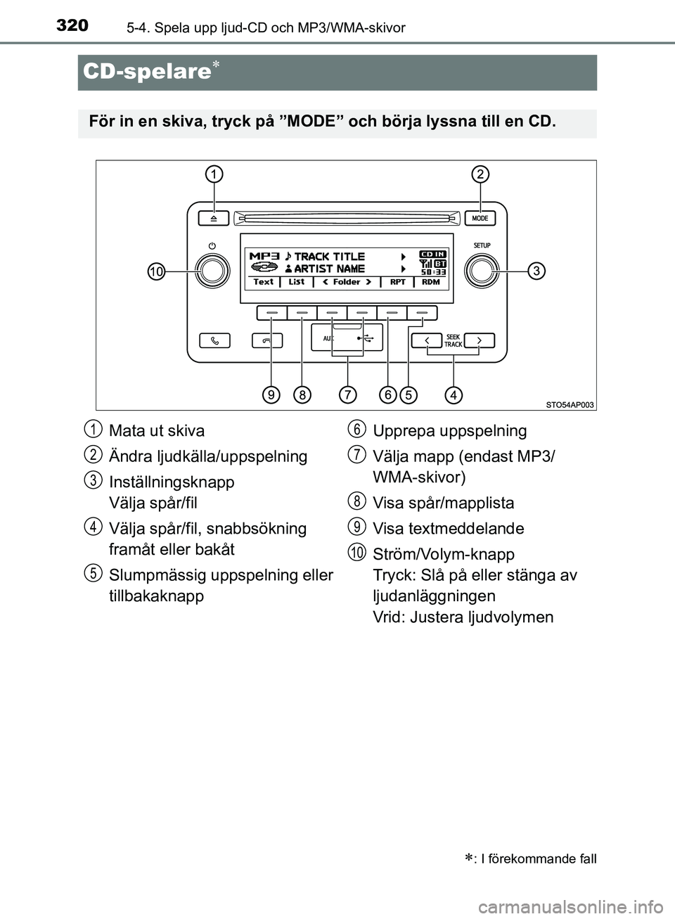 TOYOTA YARIS HATCHBACK 2019  Bruksanvisningar (in Swedish) 3205-4. Spela upp ljud-CD och MP3/WMA-skivor
OM52A54SE
CD-spelare
: I förekommande fall
För in en skiva, tryck på ”MODE” och börja lyssna till en CD.
Mata ut skiva
Ändra ljudkälla/upps