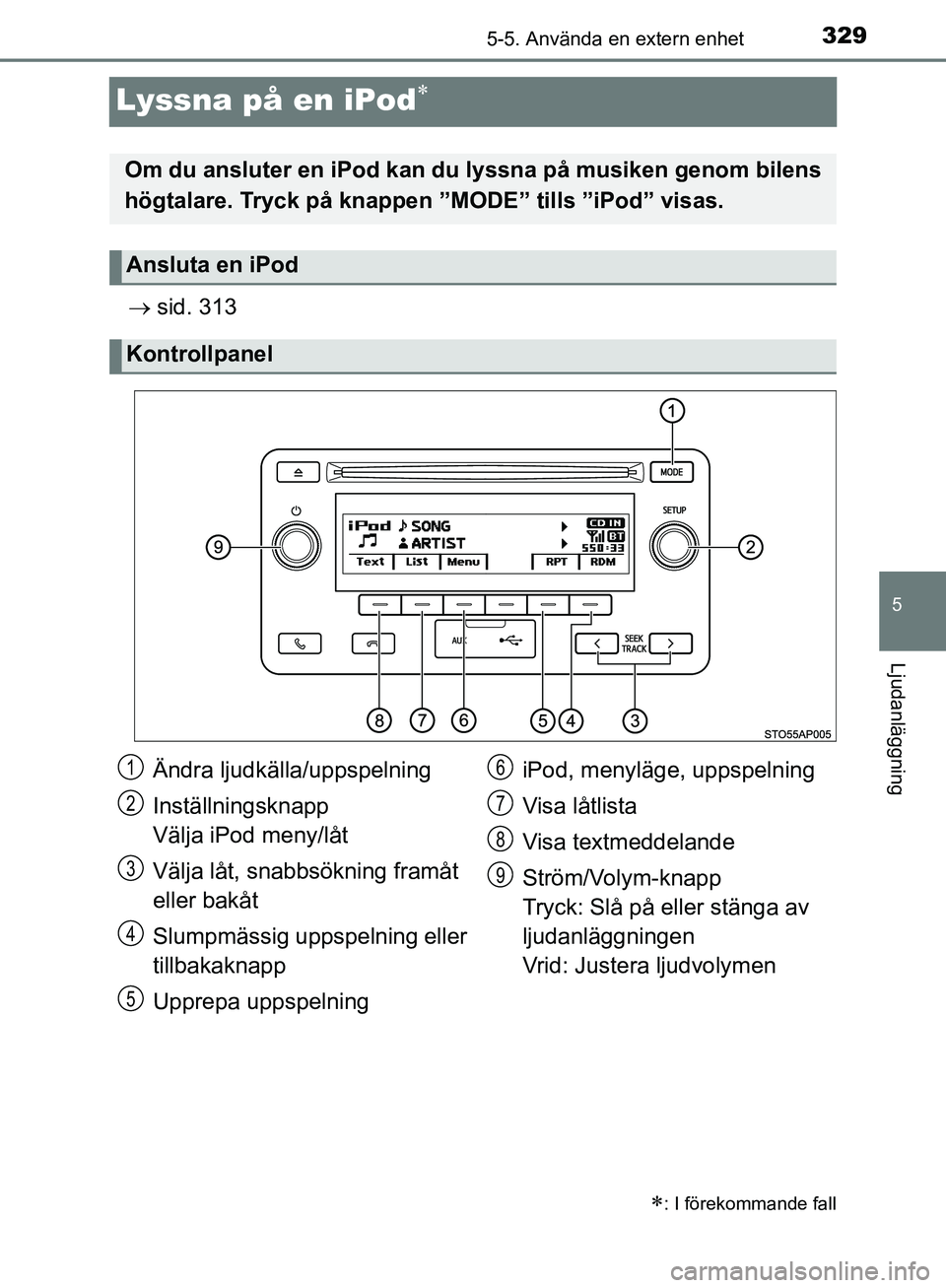 TOYOTA YARIS HATCHBACK 2019  Bruksanvisningar (in Swedish) 329
5
5-5. Använda en extern enhet
Ljudanläggning
OM52A54SE
Lyssna på en iPod
 sid. 313
: I förekommande fall
Om du ansluter en iPod kan du  lyssna på musiken genom bilens
högtalare. Tr