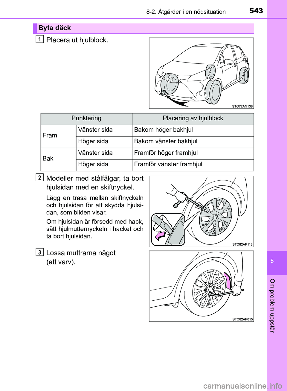 TOYOTA YARIS HATCHBACK 2019  Bruksanvisningar (in Swedish) 5438-2. Åtgärder i en nödsituation
8
Om problem uppstår
OM52A54SE
Placera ut hjulblock.
Modeller med stålfälgar, ta bort
hjulsidan med en skiftnyckel.
Lägg en trasa mellan skiftnyckeln
och hjul
