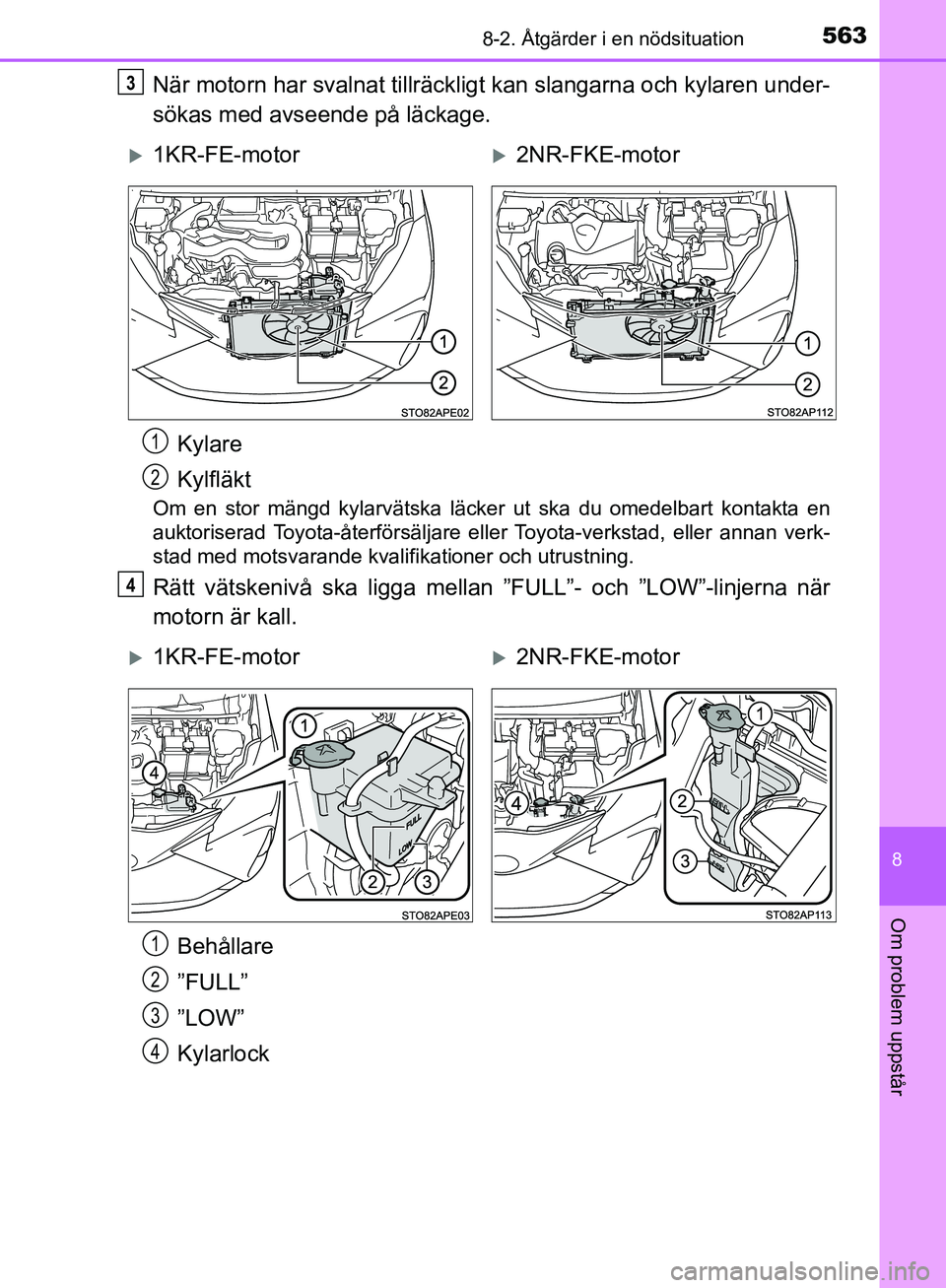 TOYOTA YARIS HATCHBACK 2019  Bruksanvisningar (in Swedish) 5638-2. Åtgärder i en nödsituation
8
Om problem uppstår
OM52A54SE
När motorn har svalnat tillräckligt kan slangarna och kylaren under-
sökas med avseende på läckage.
Om en stor mängd kylarv