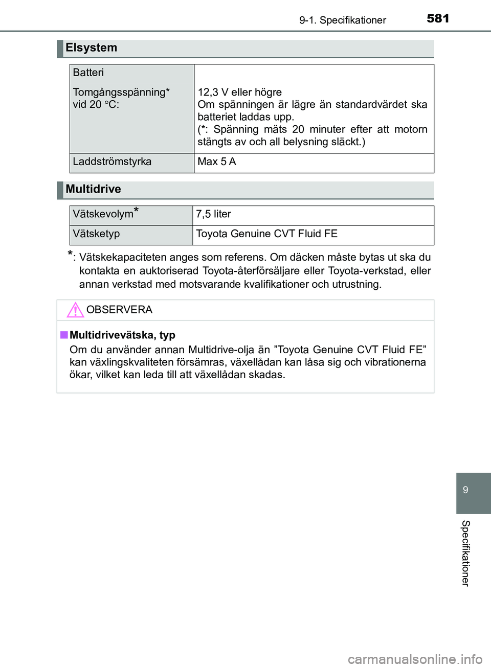 TOYOTA YARIS HATCHBACK 2019  Bruksanvisningar (in Swedish) 5819-1. Specifikationer
9
Specifikationer
OM52A54SE
*: Vätskekapaciteten anges som referens. Om däcken måste bytas ut ska dukontakta en auktoriserad Toyota-återförsäljare eller Toyota-verkstad, 