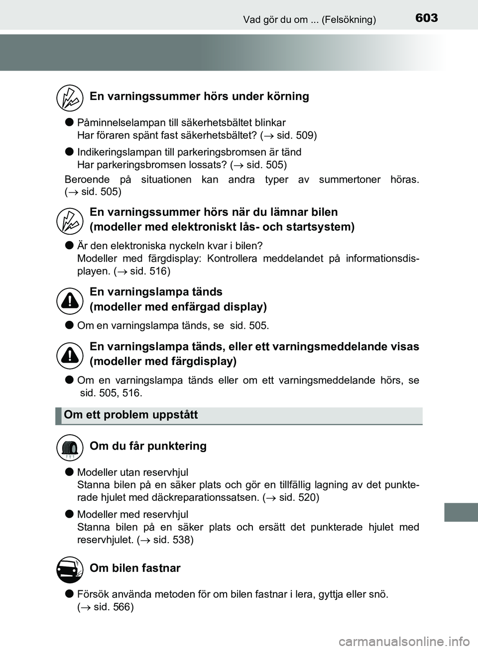 TOYOTA YARIS HATCHBACK 2019  Bruksanvisningar (in Swedish) 603Vad gör du om ... (Felsökning)
OM52A54SE
lPåminnelselampan till säkerhetsbältet blinkar 
Har föraren spänt fast säkerhetsbältet? ( sid. 509)
lIndikeringslampan till parkeringsbromsen ä