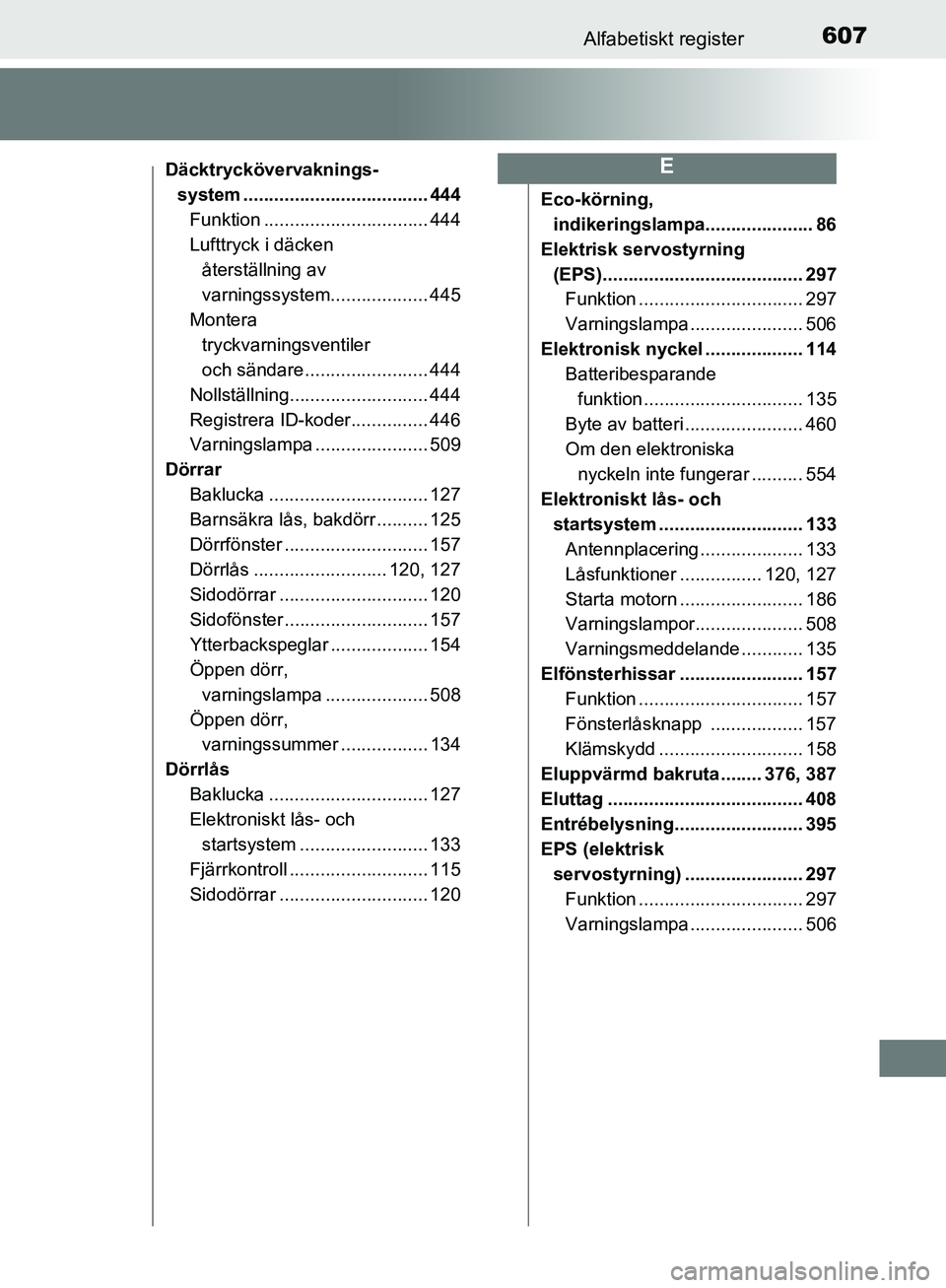 TOYOTA YARIS HATCHBACK 2019  Bruksanvisningar (in Swedish) 607Alfabetiskt register
OM52A54SE
Däcktryckövervaknings-system .................................... 444
Funktion ................................ 444
Lufttryck i däcken återställning av 
varnings