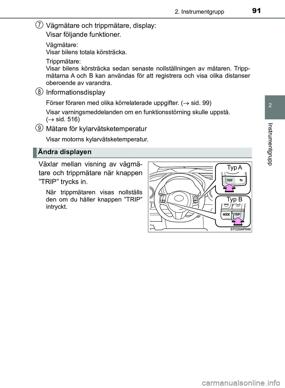 TOYOTA YARIS HATCHBACK 2019  Bruksanvisningar (in Swedish) 912. Instrumentgrupp
2
Instrumentgrupp
OM52A54SE
Vägmätare och trippmätare, display:
Visar följande funktioner.
Vägmätare:
Visar bilens totala körsträcka.
Trippmätare:
Visar bilens körsträc