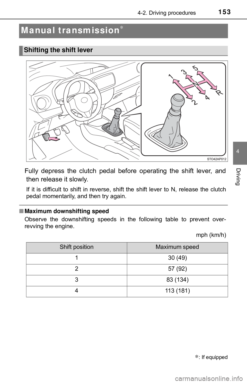 TOYOTA YARIS HATCHBACK 2018  Owners Manual 1534-2. Driving procedures
4
Driving
Manual transmission∗
Fully depress the clutch pedal before operating the shift lever, andthen release it slowly.
If it is difficult to shift in reverse, shift th