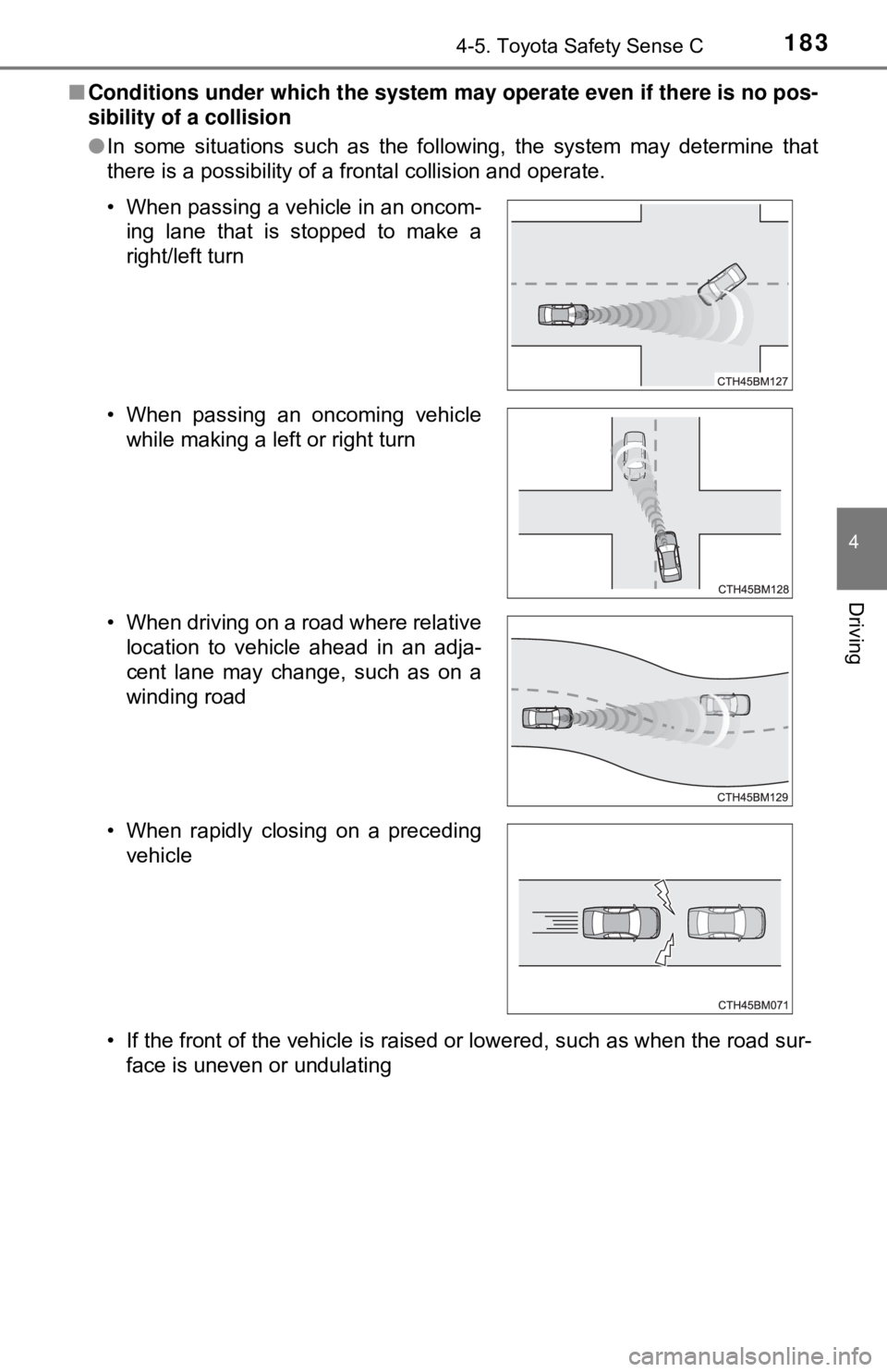 TOYOTA YARIS HATCHBACK 2018  Owners Manual 1834-5. Toyota Safety Sense C
4
Driving
■Conditions under which the system ma y operate even if there is no pos-
sibility of a collision
● In some situations such as the following, the system may 