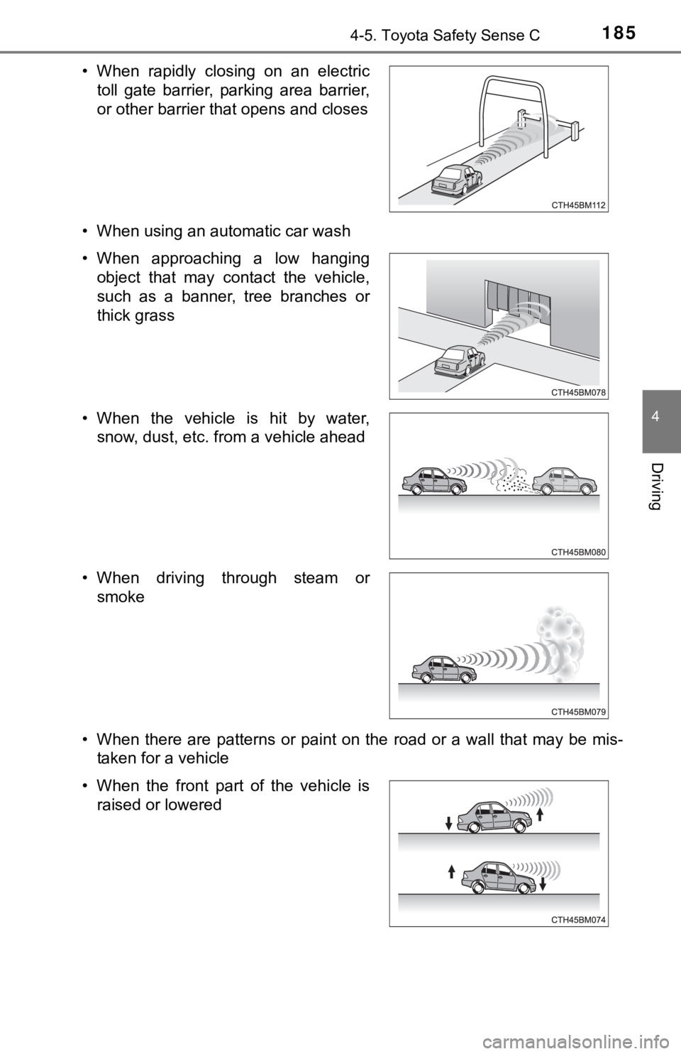 TOYOTA YARIS HATCHBACK 2018  Owners Manual 1854-5. Toyota Safety Sense C
4
Driving
• When using an automatic car wash
• When there are patterns or paint on the road or a wall that may be mis-taken for a vehicle
• When rapidly closing on 