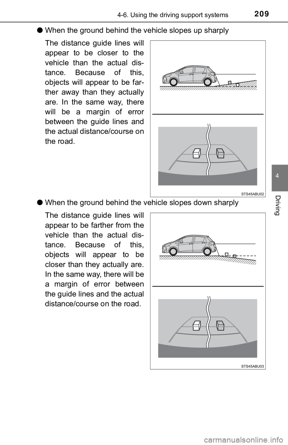 TOYOTA YARIS HATCHBACK 2018  Owners Manual 2094-6. Using the driving support systems
4
Driving
●When the ground behind the vehicle slopes up sharply
The distance guide lines will
appear to be closer to the
vehicle than the actual dis-
tance.