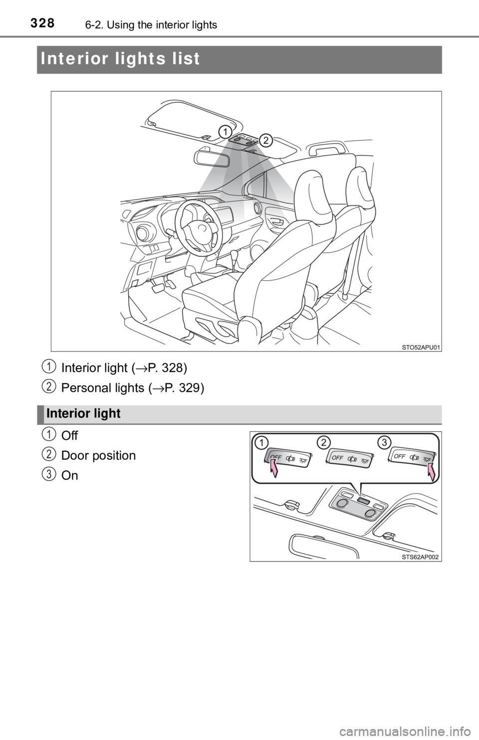 TOYOTA YARIS HATCHBACK 2018  Owners Manual 3286-2. Using the interior lights
Interior lights list
Off
Door position
On
Interior light ( →P. 328)
Personal lights ( →P. 329)
Interior light
1
2
1
2
3 
