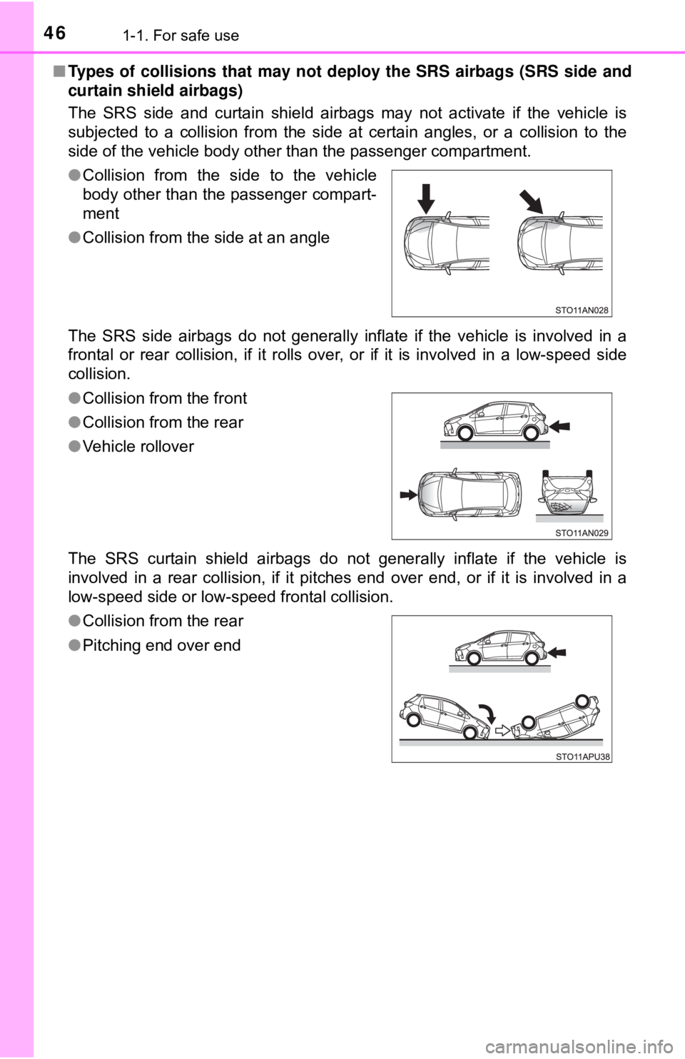 TOYOTA YARIS HATCHBACK 2018  Owners Manual 461-1. For safe use
■Types of collisions that may not deploy the SRS airbags (SRS side and
curtain shield airbags)
The SRS side and curtain shield airbags may not activate if the vehicle is
subjecte