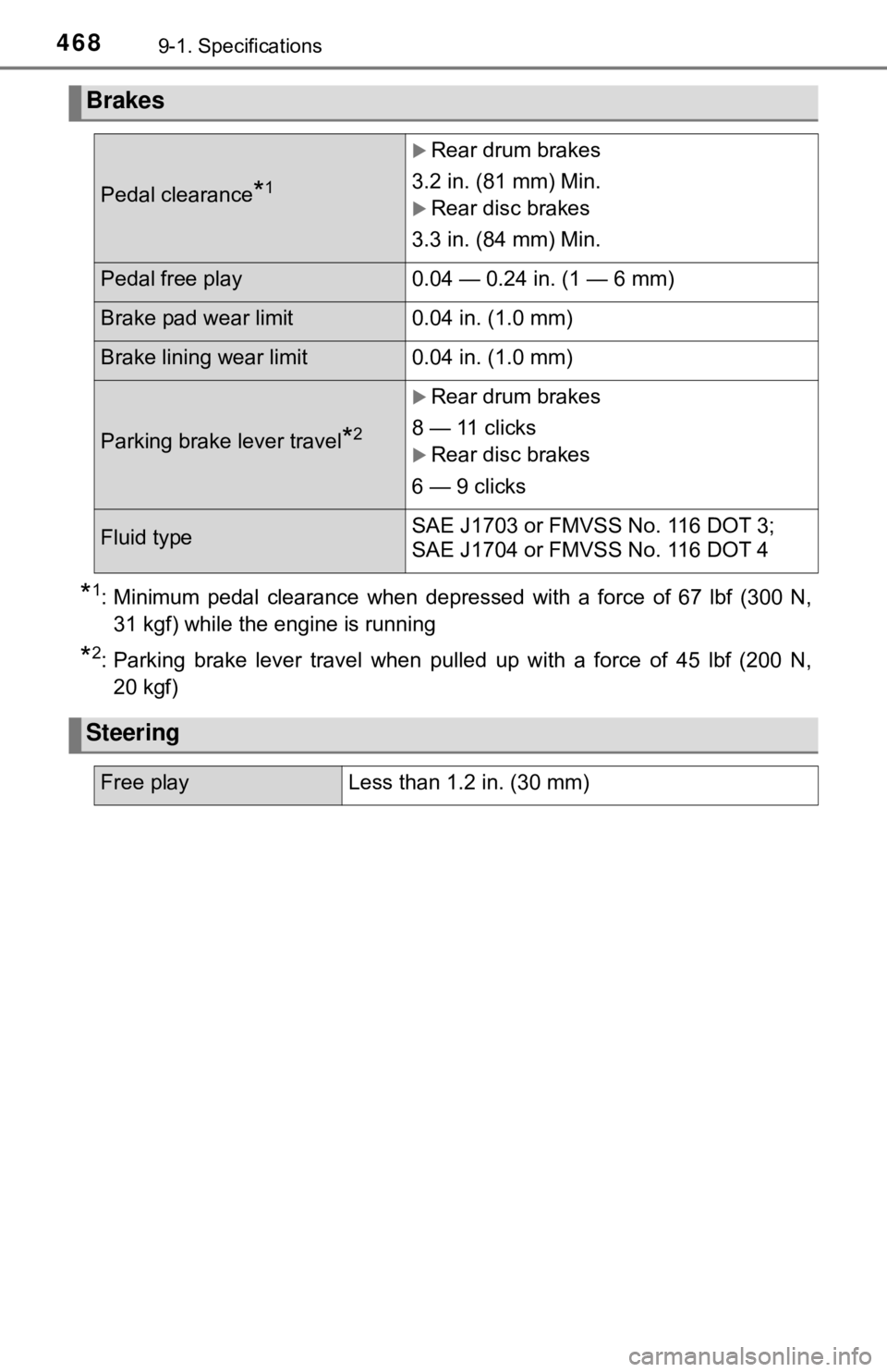 TOYOTA YARIS HATCHBACK 2018  Owners Manual 4689-1. Specifications
*1: Minimum pedal clearance when depressed with a force of 67 lbf (300 N,31 kgf) while the engine is running
*2: Parking brake lever travel when pulled up with a force of 45 lbf