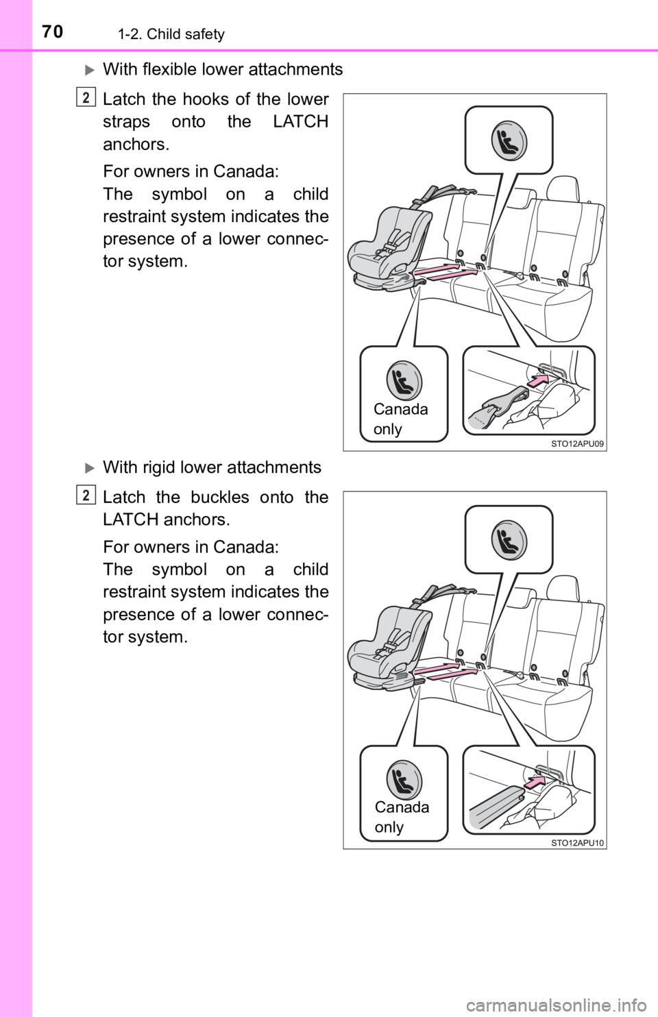 TOYOTA YARIS HATCHBACK 2018  Owners Manual 701-2. Child safety
With flexible lower attachments
Latch the hooks of the lower
straps onto the LATCH
anchors.
For owners in Canada:
The symbol on a child
restraint system indicates the
presence o
