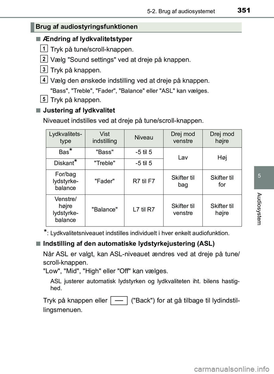 TOYOTA YARIS HATCHBACK 2018  Brugsanvisning (in Danish) 3515-2. Brug af audiosystemet
5
Audiosystem
YARIS_HV_OM_Europe_OM52C96DKn
Ændring af lydkvalitetstyper
Tryk på tune/scroll-knappen.
Vælg "Sound settings" ved at dreje på knappen.
Tryk på knappen.