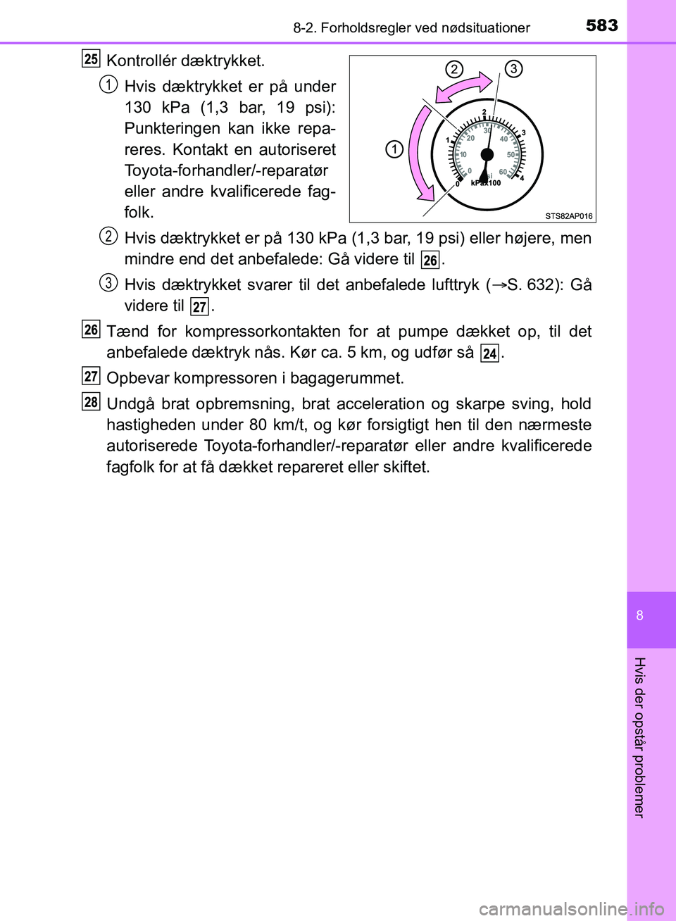 TOYOTA YARIS HATCHBACK 2018  Brugsanvisning (in Danish) 5838-2. Forholdsregler ved nødsituationer
8
Hvis der opstår problemer
YARIS_HV_OM_Europe_OM52C96DK
Kontrollér dæktrykket.
Hvis dæktrykket er på under
130 kPa (1,3 bar, 19 psi):
Punkteringen kan 