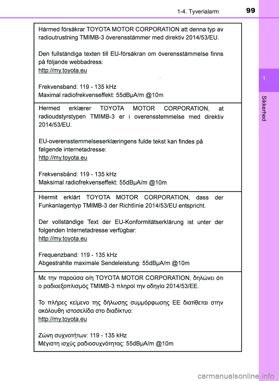 TOYOTA YARIS HATCHBACK 2018  Brugsanvisning (in Danish) 991-4. Tyverialarm
1
Sikkerhed
YARIS_HV_OM_Europe_OM52C96DK
OM52C96DK.book  Page 99  Friday, February 23, 2018  9:50 AM 