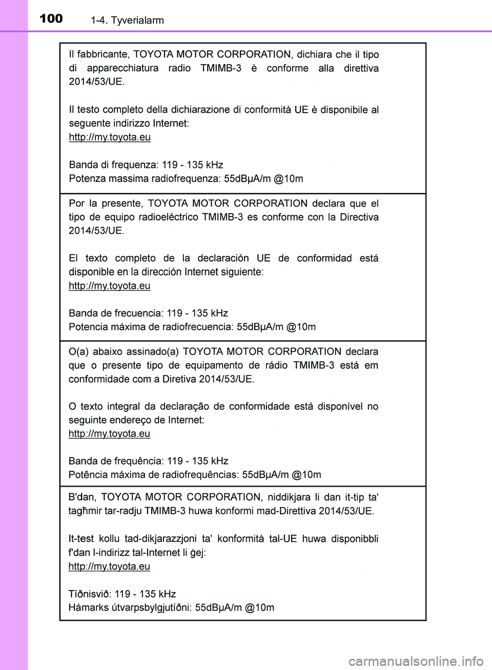 TOYOTA YARIS HATCHBACK 2018  Brugsanvisning (in Danish) 1001-4. Tyverialarm
YARIS_HV_OM_Europe_OM52C96DK
OM52C96DK.book  Page 100  Friday, February 23, 2018  9:50 AM 