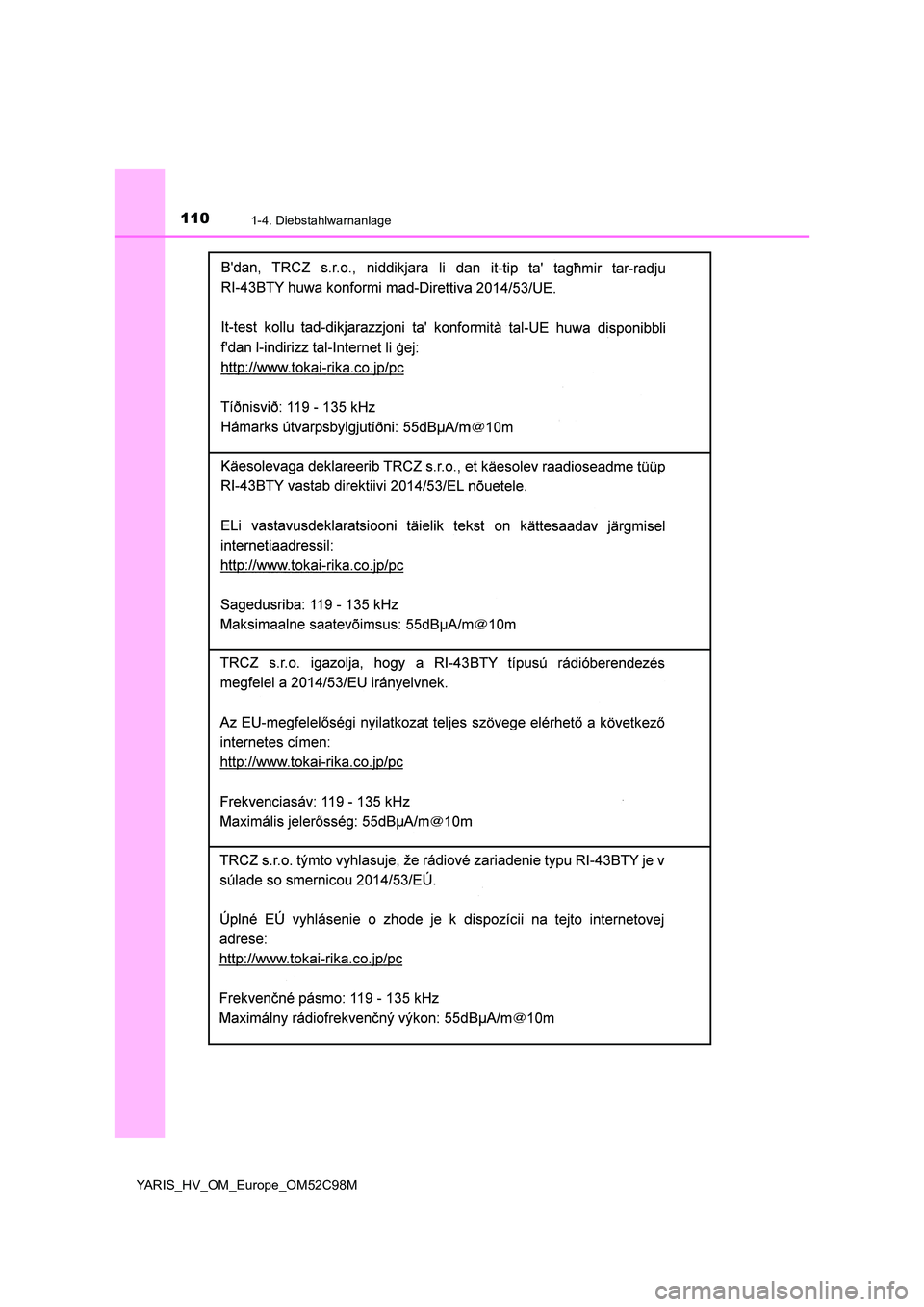 TOYOTA YARIS HATCHBACK 2018  Betriebsanleitungen (in German) 1101-4. Diebstahlwarnanlage
YARIS_HV_OM_Europe_OM52C98M 