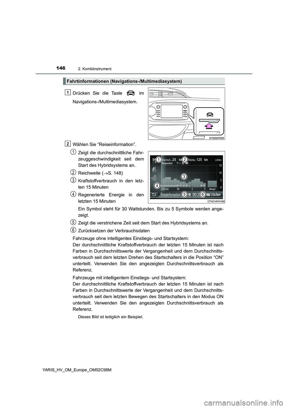 TOYOTA YARIS HATCHBACK 2018 Betriebsanleitungen (in German) 1462. Kombiinstrument
YARIS_HV_OM_Europe_OM52C98M
Drücken Sie die Taste im
Navigations-/Multimediasystem.
Wählen Sie “Reiseinformation”.
Zeigt die durchschnittliche Fahr-
zeuggeschwindigke TOYOTA YARIS HATCHBACK 2018 Betriebsanleitungen (in German) 1462. Kombiinstrument
YARIS_HV_OM_Europe_OM52C98M
Drücken Sie die Taste im
Navigations-/Multimediasystem.
Wählen Sie “Reiseinformation”.
Zeigt die durchschnittliche Fahr-
zeuggeschwindigke