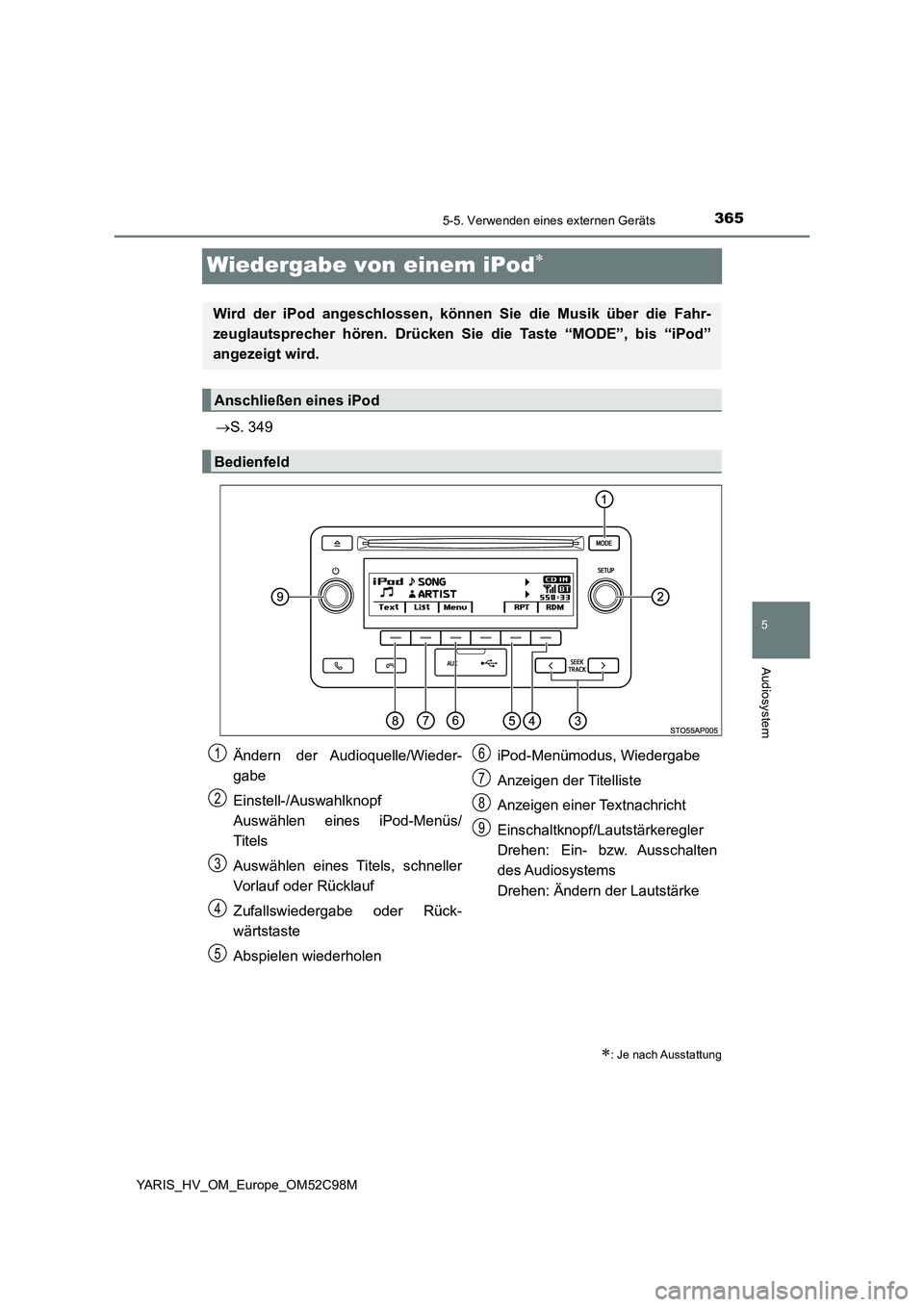 TOYOTA YARIS HATCHBACK 2018  Betriebsanleitungen (in German) 365
5
5-5. Verwenden eines externen Geräts
Audiosystem
YARIS_HV_OM_Europe_OM52C98M
Wiedergabe von einem iPod
S. 349
: Je nach Ausstattung
Wird der iPod angeschlossen, können Sie die Musik 