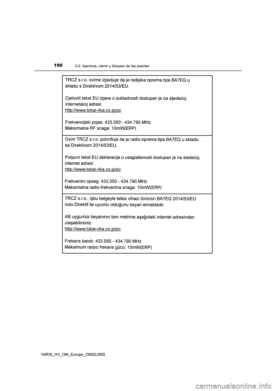 TOYOTA YARIS HATCHBACK 2018  Manual del propietario (in Spanish) 1903-2. Apertura, cierre y bloqueo de las puertas
YARIS_HV_OM_Europe_OM52J95S 