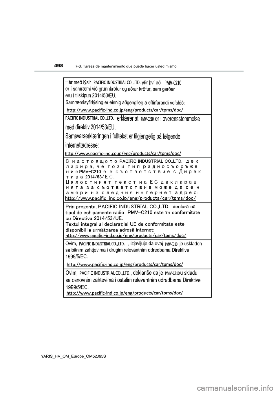 TOYOTA YARIS HATCHBACK 2018  Manual del propietario (in Spanish) 4987-3. Tareas de mantenimiento que puede hacer usted mismo
YARIS_HV_OM_Europe_OM52J95S 
