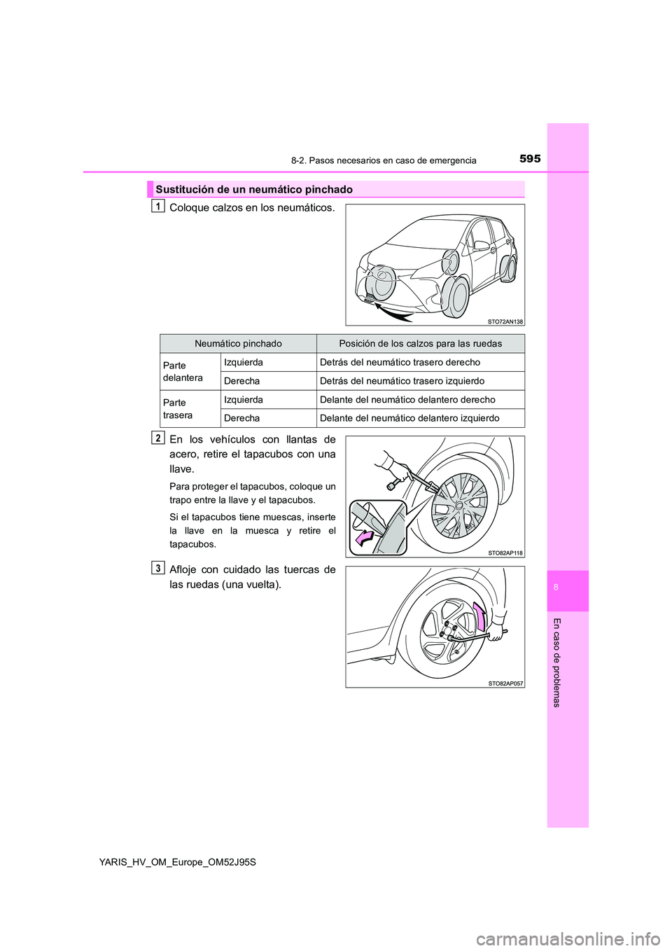 TOYOTA YARIS HATCHBACK 2018  Manual del propietario (in Spanish) 5958-2. Pasos necesarios en caso de emergencia
8
En caso de problemas
YARIS_HV_OM_Europe_OM52J95S
Coloque calzos en los neumáticos. 
En los vehículos con llantas de 
acero, retire el tapacubos con u