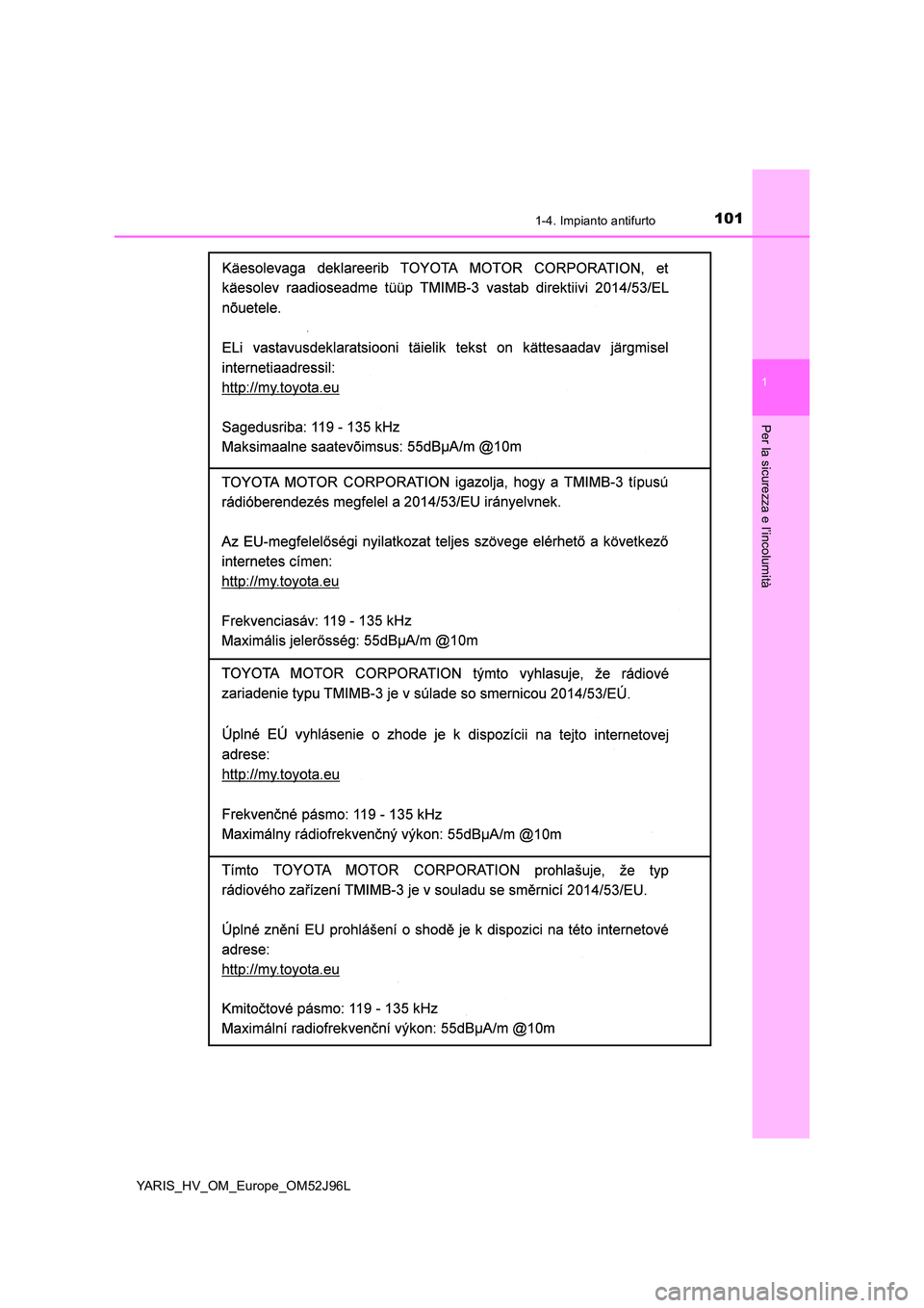 TOYOTA YARIS HATCHBACK 2018  Manuale duso (in Italian) 1011-4. Impianto antifurto
1
Per la sicurezza e l’incolumità
YARIS_HV_OM_Europe_OM52J96L 