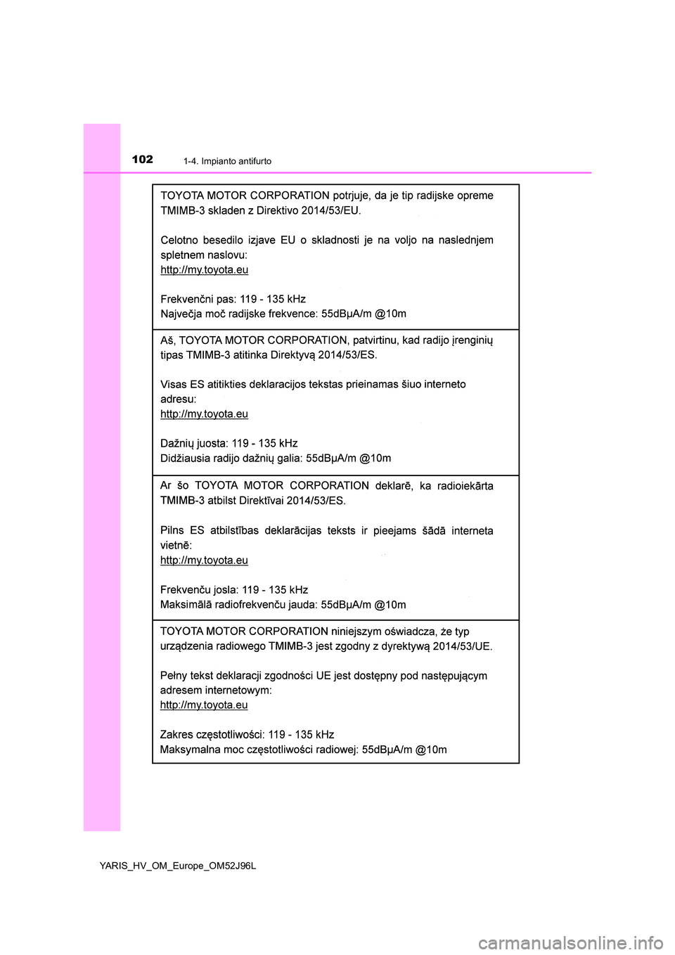 TOYOTA YARIS HATCHBACK 2018  Manuale duso (in Italian) 1021-4. Impianto antifurto
YARIS_HV_OM_Europe_OM52J96L 