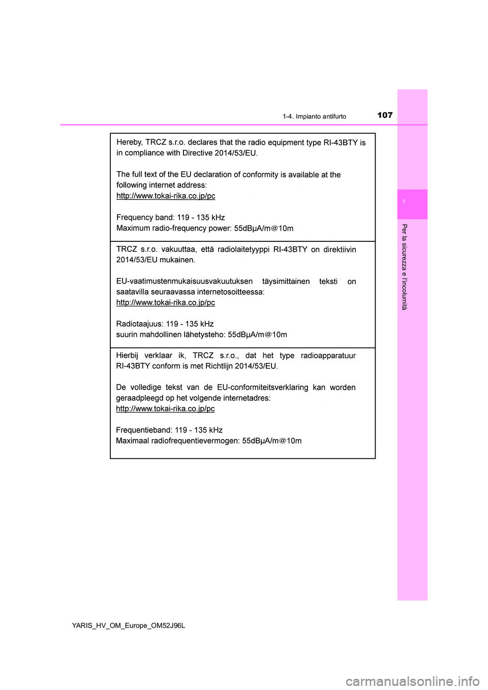 TOYOTA YARIS HATCHBACK 2018  Manuale duso (in Italian) 1071-4. Impianto antifurto
1
Per la sicurezza e l’incolumità
YARIS_HV_OM_Europe_OM52J96L 