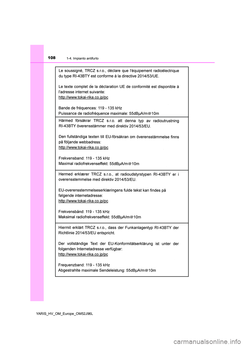 TOYOTA YARIS HATCHBACK 2018  Manuale duso (in Italian) 1081-4. Impianto antifurto
YARIS_HV_OM_Europe_OM52J96L 