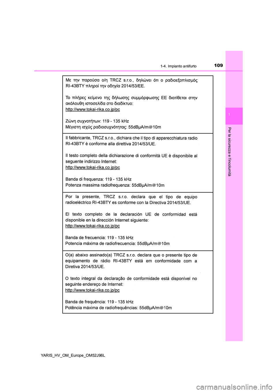 TOYOTA YARIS HATCHBACK 2018  Manuale duso (in Italian) 1091-4. Impianto antifurto
1
Per la sicurezza e l’incolumità
YARIS_HV_OM_Europe_OM52J96L 