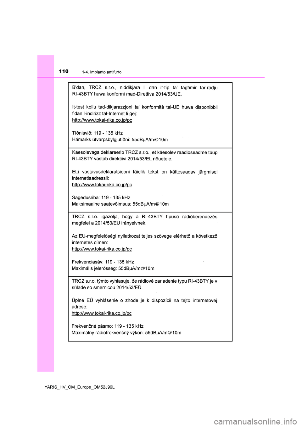 TOYOTA YARIS HATCHBACK 2018  Manuale duso (in Italian) 1101-4. Impianto antifurto
YARIS_HV_OM_Europe_OM52J96L 