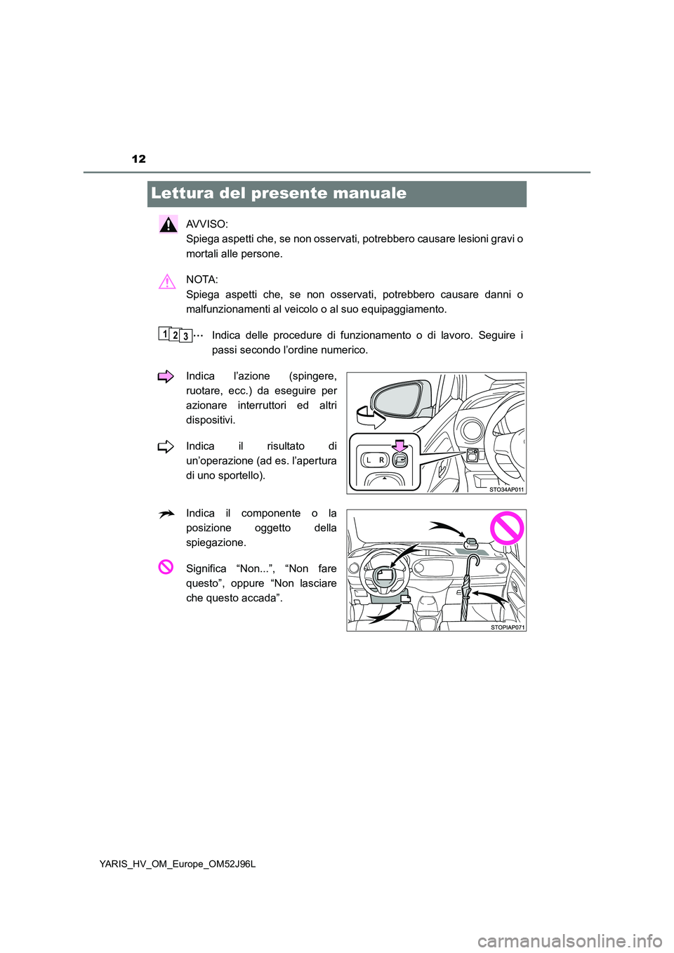 TOYOTA YARIS HATCHBACK 2018  Manuale duso (in Italian) 12
YARIS_HV_OM_Europe_OM52J96L
Lettura del presente manuale
AVVISO:  
Spiega aspetti che, se non osservati, potrebbero causare lesioni gravi o 
mortali alle persone. 
NOTA:  
Spiega aspetti che, se no
