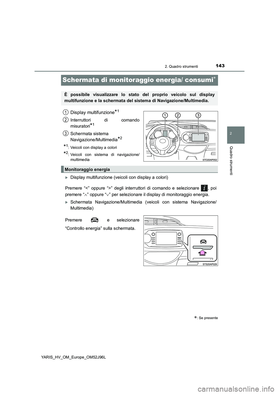 TOYOTA YARIS HATCHBACK 2018  Manuale duso (in Italian) 143
2
2. Quadro strumenti
Quadro strumenti
YARIS_HV_OM_Europe_OM52J96L
Schermata di monitoraggio energia/ consumi
Display multifunzione*1
Interruttori di comando 
misuratori*1
Schermata sistema  
N