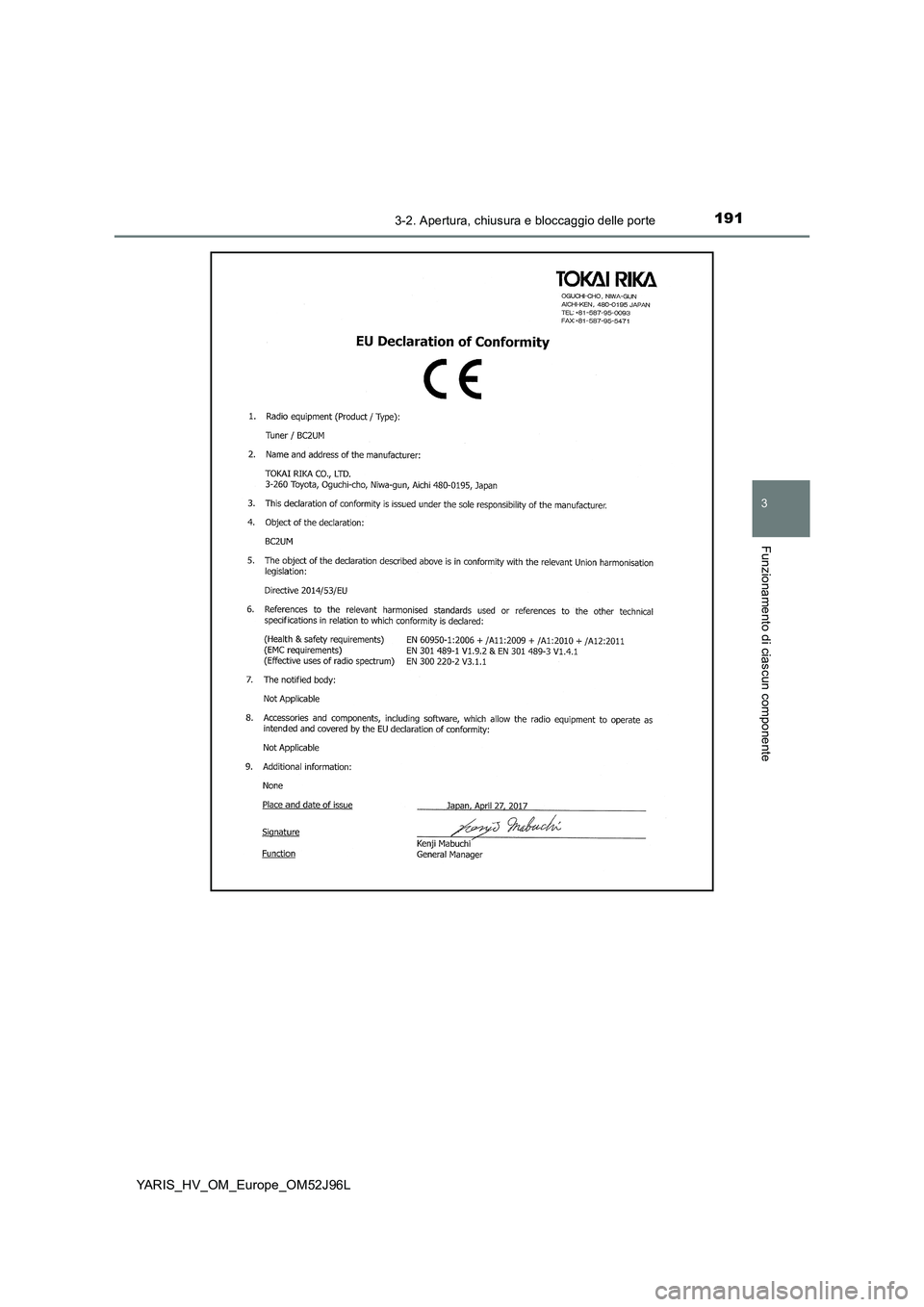 TOYOTA YARIS HATCHBACK 2018  Manuale duso (in Italian) 1913-2. Apertura, chiusura e bloccaggio delle porte
3
Funzionamento di ciascun componente
YARIS_HV_OM_Europe_OM52J96L 