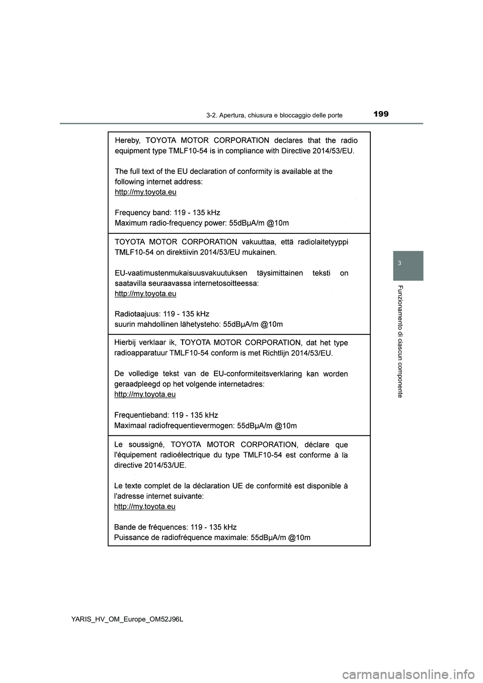 TOYOTA YARIS HATCHBACK 2018  Manuale duso (in Italian) 1993-2. Apertura, chiusura e bloccaggio delle porte
3
Funzionamento di ciascun componente
YARIS_HV_OM_Europe_OM52J96L 