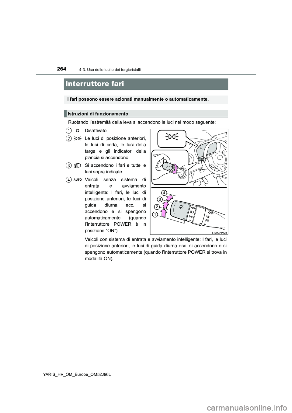 TOYOTA YARIS HATCHBACK 2018  Manuale duso (in Italian) 2644-3. Uso delle luci e dei tergicristalli
YARIS_HV_OM_Europe_OM52J96L
Interruttore fari
Ruotando l’estremità della leva si accendono le luci nel modo seguente: 
Disattivato 
Le luci di posizione 