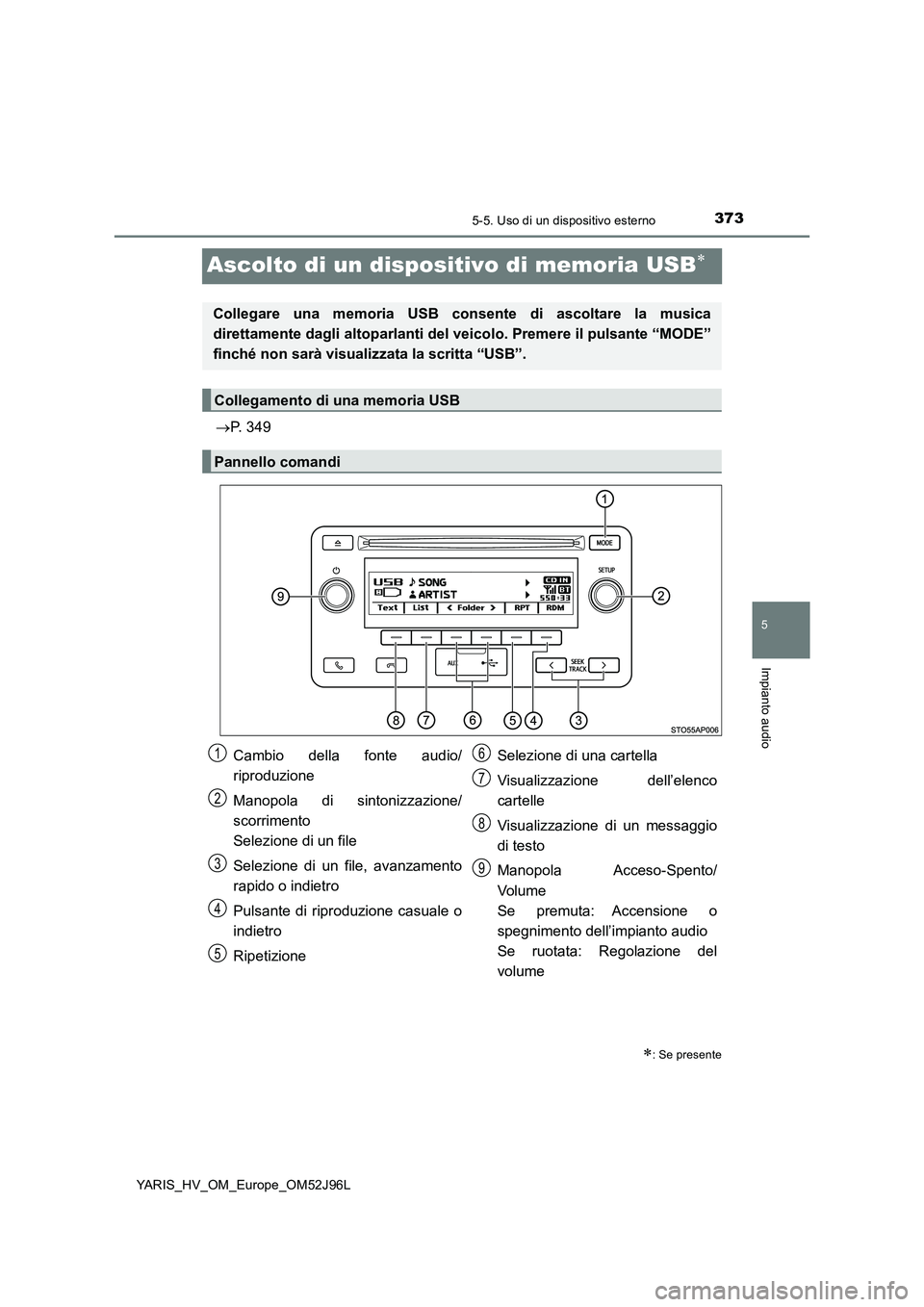 TOYOTA YARIS HATCHBACK 2018  Manuale duso (in Italian) 373
5
5-5. Uso di un dispositivo esterno
Impianto audio
YARIS_HV_OM_Europe_OM52J96L
Ascolto di un dispositivo di memoria USB
P. 349
: Se presente
Collegare una memoria USB consente di ascolta