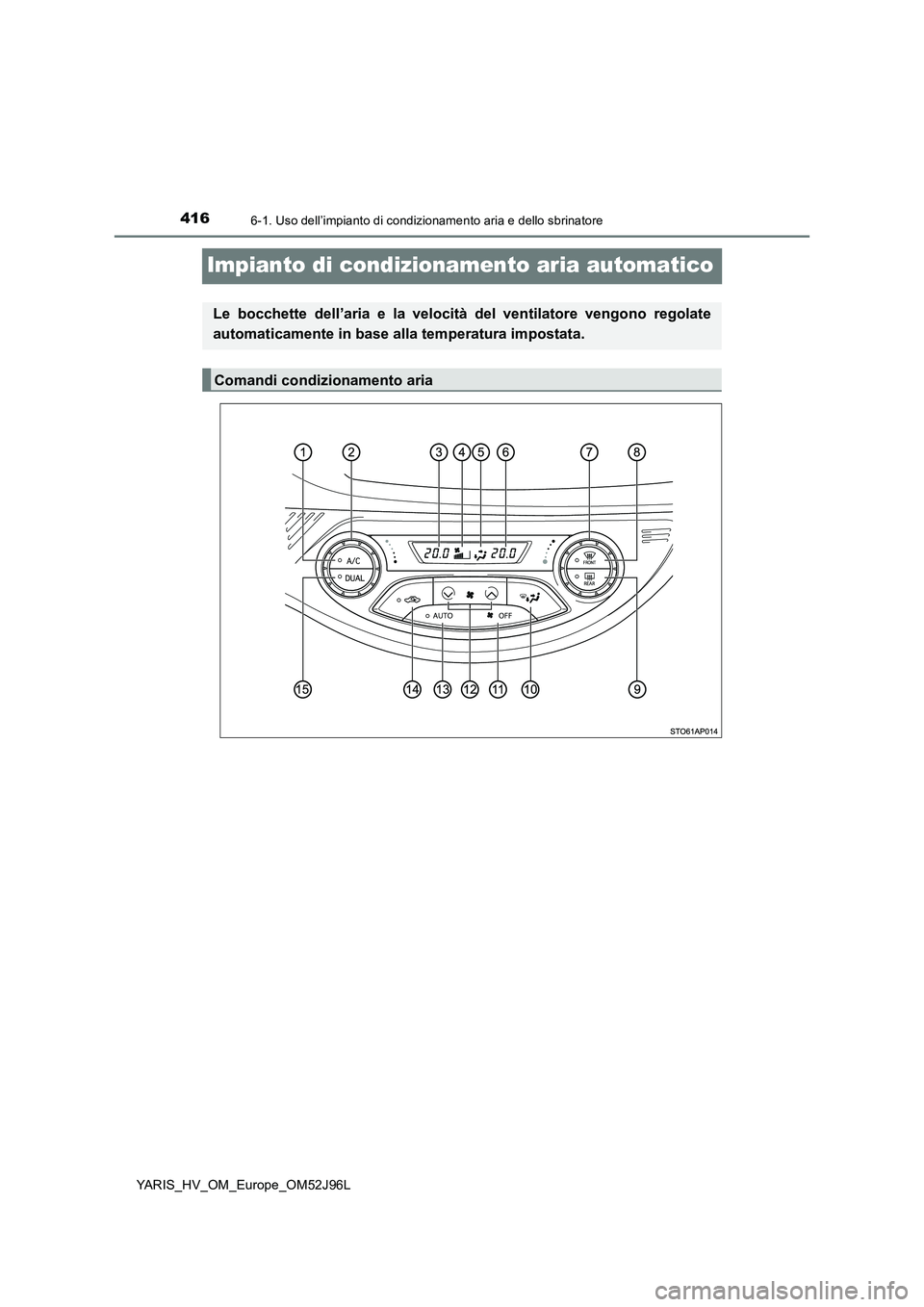 TOYOTA YARIS HATCHBACK 2018  Manuale duso (in Italian) 4166-1. Uso dell’impianto di condizionamento aria e dello sbrinatore
YARIS_HV_OM_Europe_OM52J96L
Impianto di condizionamento aria automatico
Le bocchette dell’aria e la velocità del ventilatore v