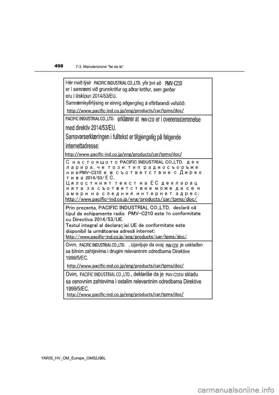 TOYOTA YARIS HATCHBACK 2018  Manuale duso (in Italian) 4987-3. Manutenzione “fai da te”
YARIS_HV_OM_Europe_OM52J96L 