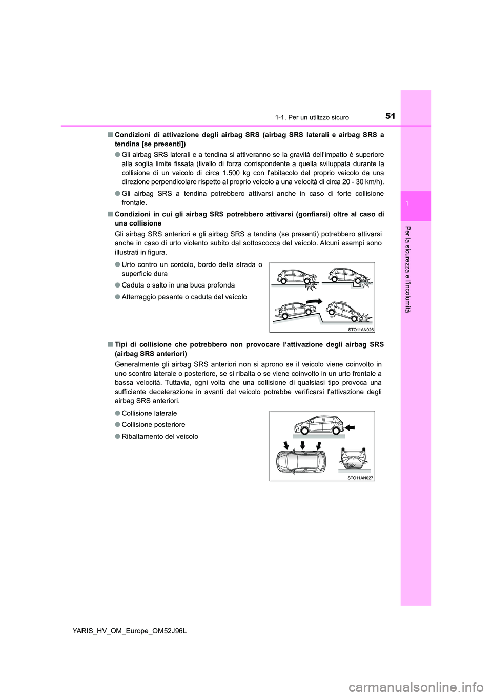 TOYOTA YARIS HATCHBACK 2018  Manuale duso (in Italian) 511-1. Per un utilizzo sicuro
1
Per la sicurezza e l’incolumità
YARIS_HV_OM_Europe_OM52J96L 
■ Condizioni di attivazione degli airbag SRS (airbag SRS laterali e airbag SRS a 
tendina [se presenti