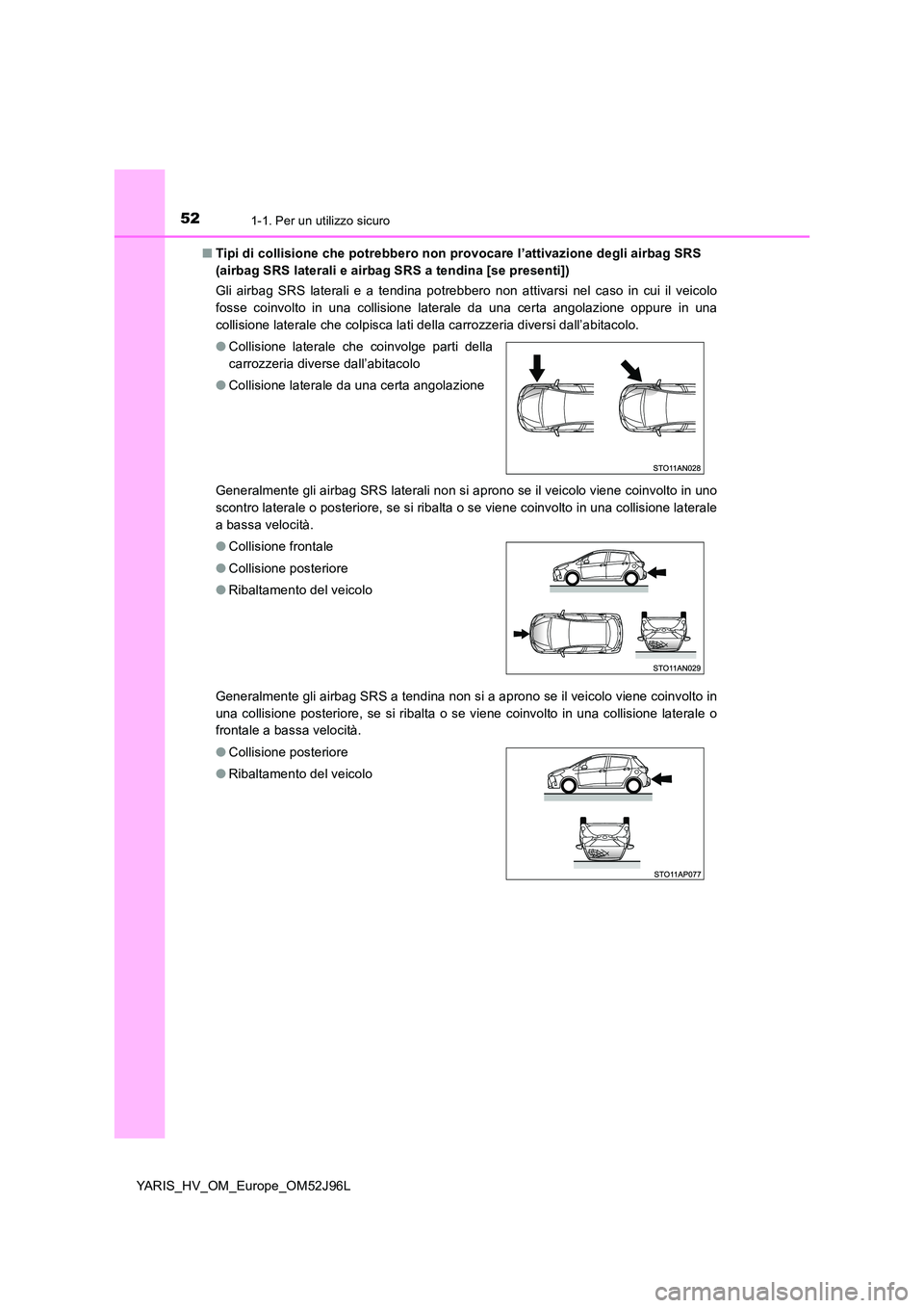 TOYOTA YARIS HATCHBACK 2018  Manuale duso (in Italian) 521-1. Per un utilizzo sicuro
YARIS_HV_OM_Europe_OM52J96L 
■ Tipi di collisione che potrebbero non provocare l’attivazione degli airbag SRS  
(airbag SRS laterali e airbag SRS a tendina [se presen