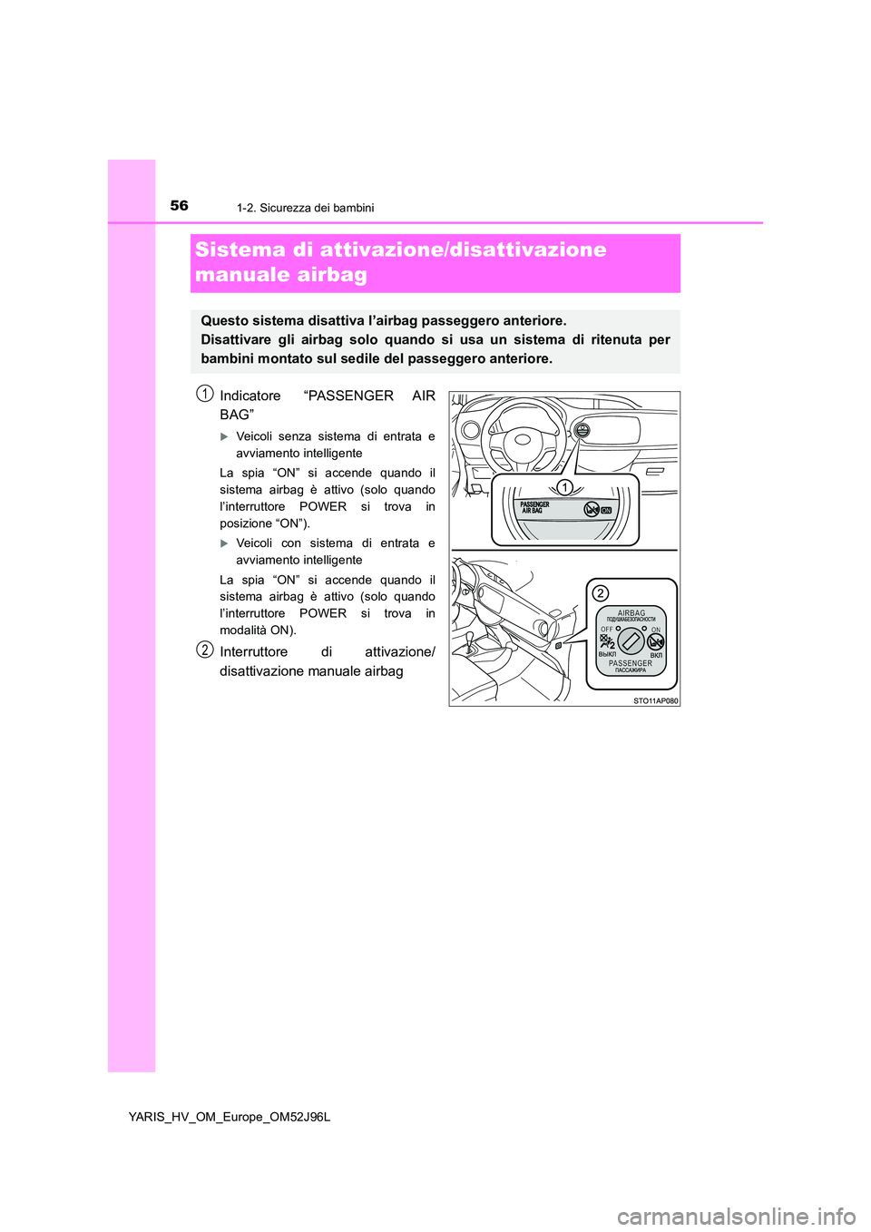 TOYOTA YARIS HATCHBACK 2018  Manuale duso (in Italian) 561-2. Sicurezza dei bambini
YARIS_HV_OM_Europe_OM52J96L
Sistema di attivazione/disattivazione  
manuale airbag
Indicatore “PASSENGER AIR 
BAG”
Veicoli senza sistema di entrata e 
avviamento in