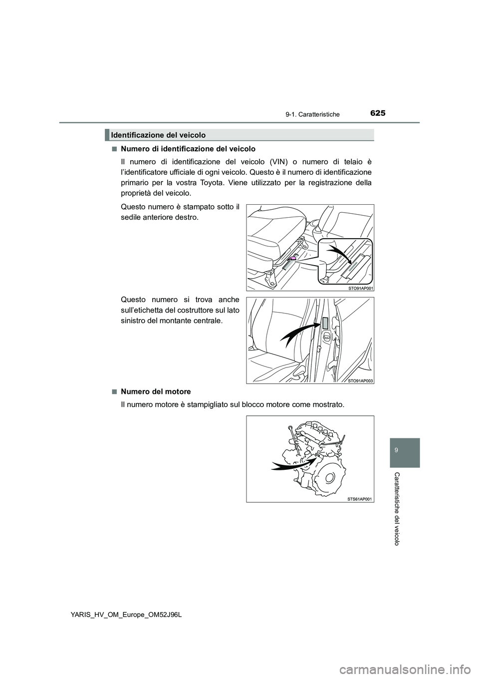 TOYOTA YARIS HATCHBACK 2018  Manuale duso (in Italian) 6259-1. Caratteristiche
9
Caratteristiche del veicolo
YARIS_HV_OM_Europe_OM52J96L 
■Numero di identificazione del veicolo 
Il numero di identificazione del ve icolo (VIN) o numero di telaio è 
l’