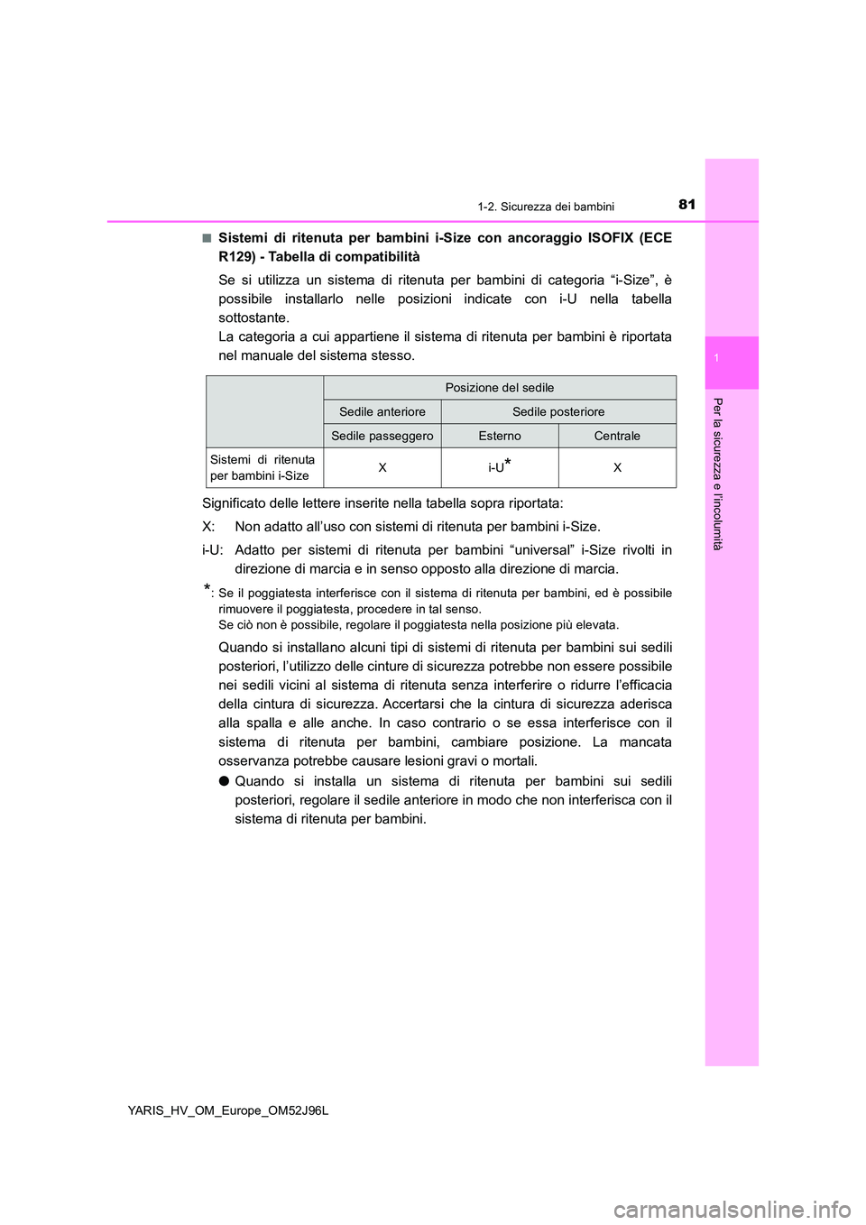 TOYOTA YARIS HATCHBACK 2018  Manuale duso (in Italian) 811-2. Sicurezza dei bambini
1
Per la sicurezza e l’incolumità
YARIS_HV_OM_Europe_OM52J96L 
■Sistemi di ritenuta per bambini i-Size con ancoraggio ISOFIX (ECE 
R129) - Tabella di compatibilità 
