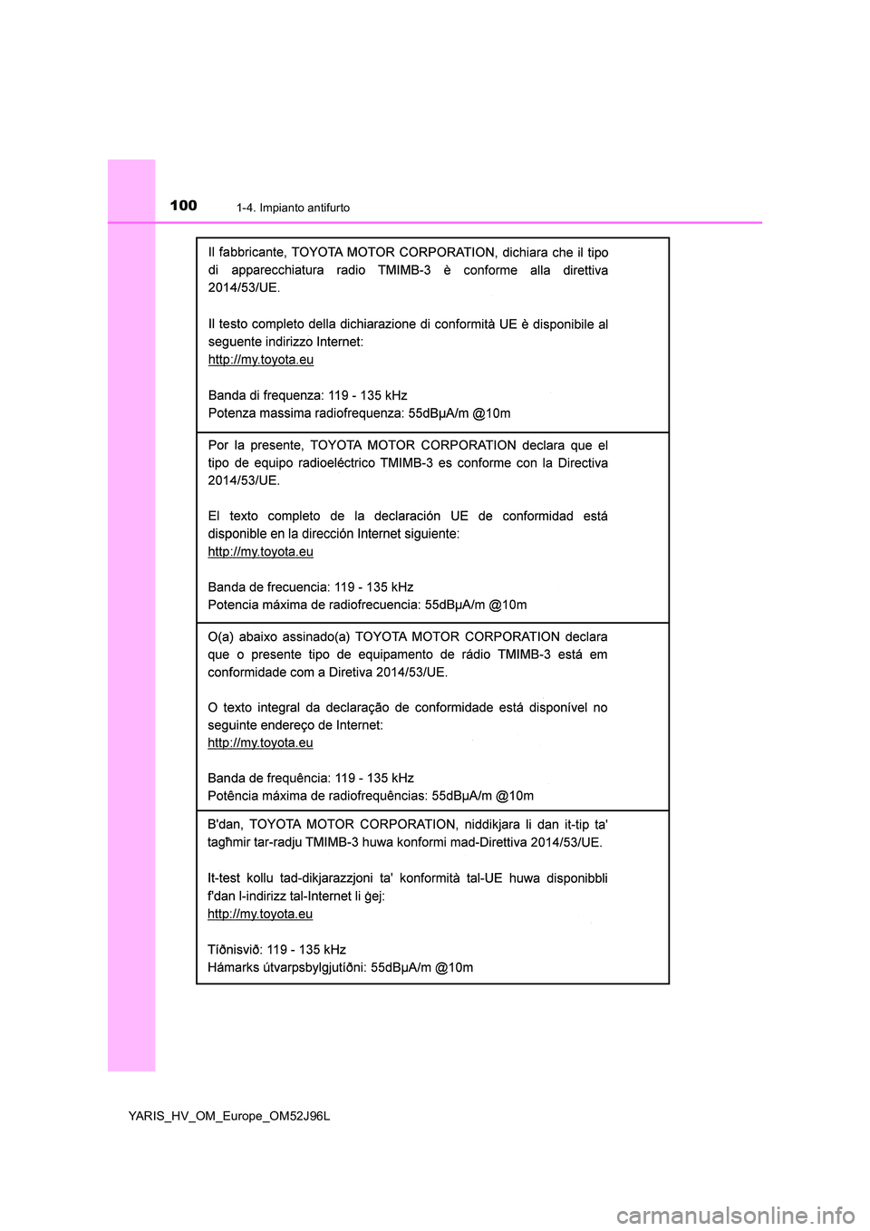 TOYOTA YARIS HATCHBACK 2018  Manuale duso (in Italian) 1001-4. Impianto antifurto
YARIS_HV_OM_Europe_OM52J96L 
