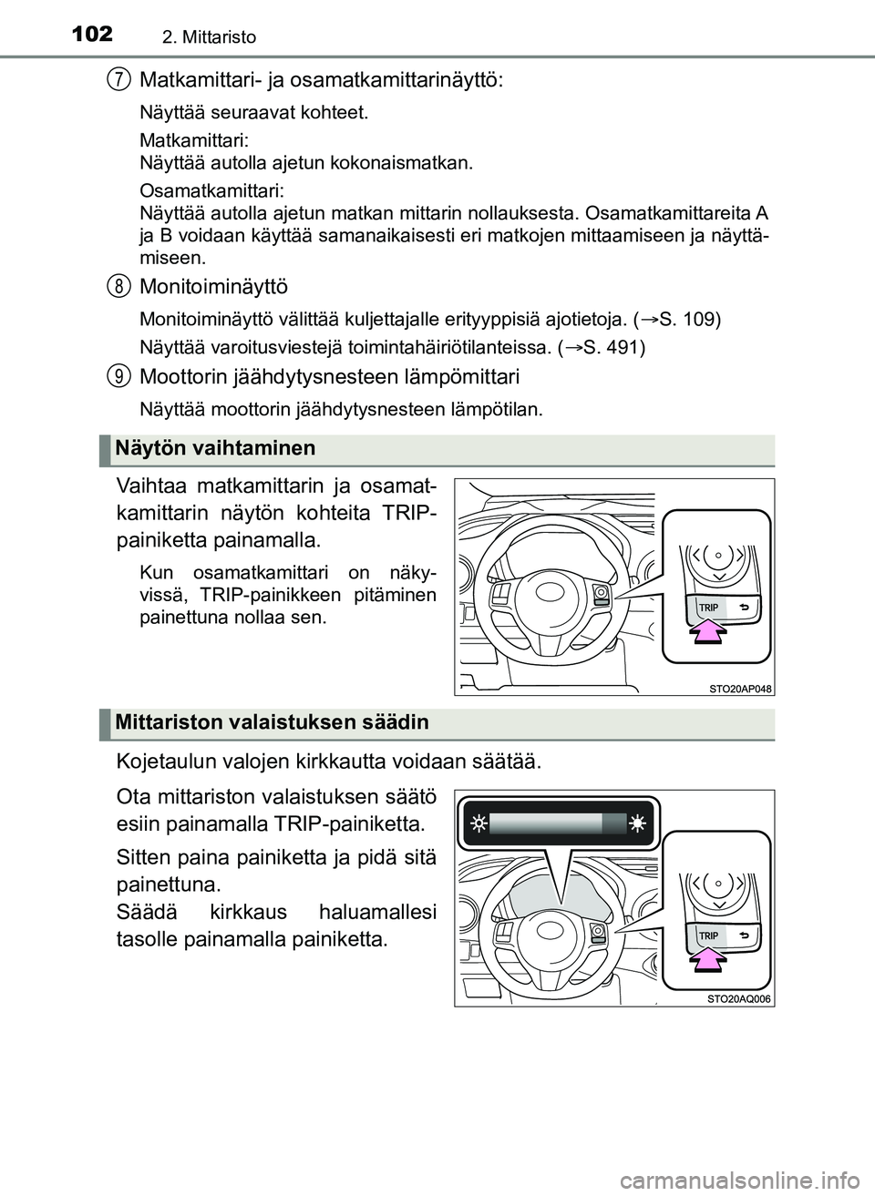 TOYOTA YARIS HATCHBACK 2018 Omistajan Käsikirja (in Finnish) 1022. Mittaristo
YARIS_HV_OM_Europe_OM52C96FI
Matkamittari- ja osamatkamittarinäyttö:
Näyttää seuraavat kohteet.
Matkamittari:
Näyttää autolla ajetun kokonaismatkan.
Osamatkamittari:
Näyttä TOYOTA YARIS HATCHBACK 2018 Omistajan Käsikirja (in Finnish) 1022. Mittaristo
YARIS_HV_OM_Europe_OM52C96FI
Matkamittari- ja osamatkamittarinäyttö:
Näyttää seuraavat kohteet.
Matkamittari:
Näyttää autolla ajetun kokonaismatkan.
Osamatkamittari:
Näyttä