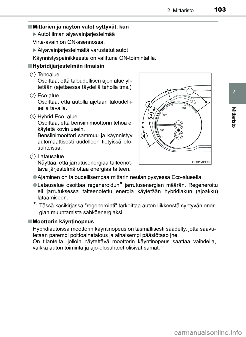 TOYOTA YARIS HATCHBACK 2018 Omistajan Käsikirja (in Finnish) 1032. Mittaristo
2
Mittaristo
YARIS_HV_OM_Europe_OM52C96FI
nMittarien ja näytön valot syttyvät, kun
Autot ilman älyavainjärjestelmää
Virta-avain on ON-asennossa.
Älyavainjärjestelmäll TOYOTA YARIS HATCHBACK 2018 Omistajan Käsikirja (in Finnish) 1032. Mittaristo
2
Mittaristo
YARIS_HV_OM_Europe_OM52C96FI
nMittarien ja näytön valot syttyvät, kun
Autot ilman älyavainjärjestelmää
Virta-avain on ON-asennossa.
Älyavainjärjestelmäll